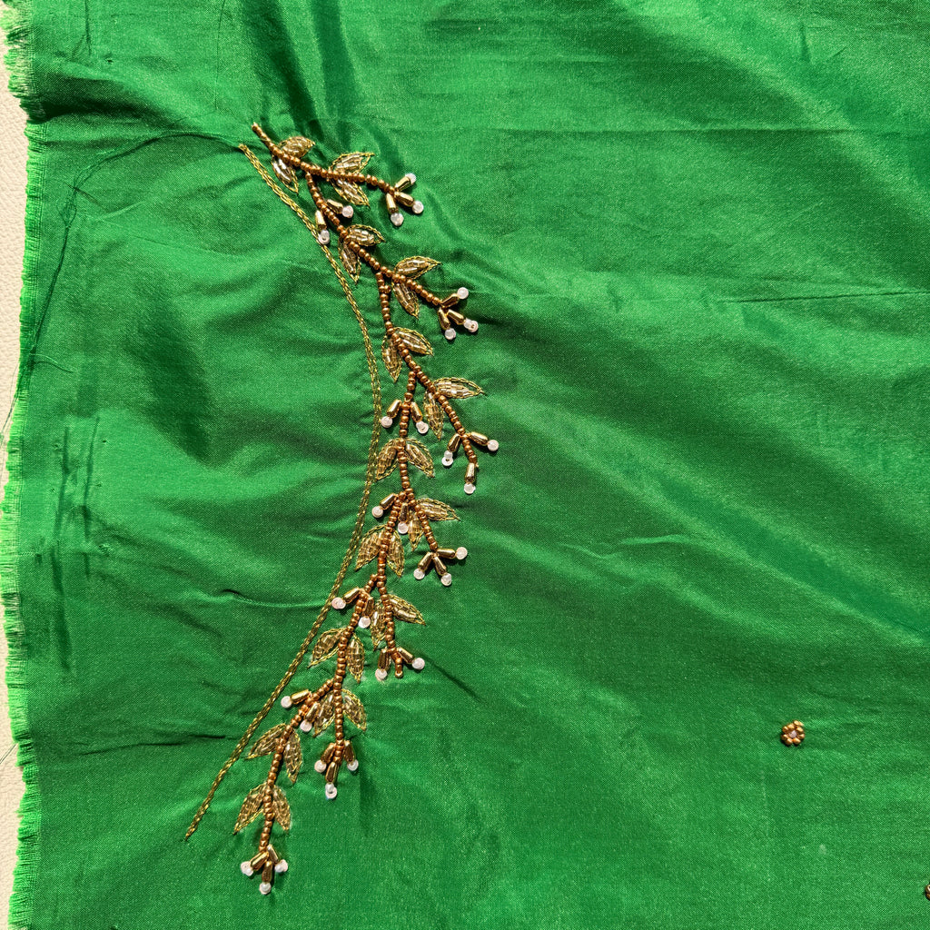 Leaf Green Aari Work Blouse Fabric in Devi silk 1 metre with Cutdana Hand Embroidery | Designer Blouse Piece for Bridal & Festive Wear