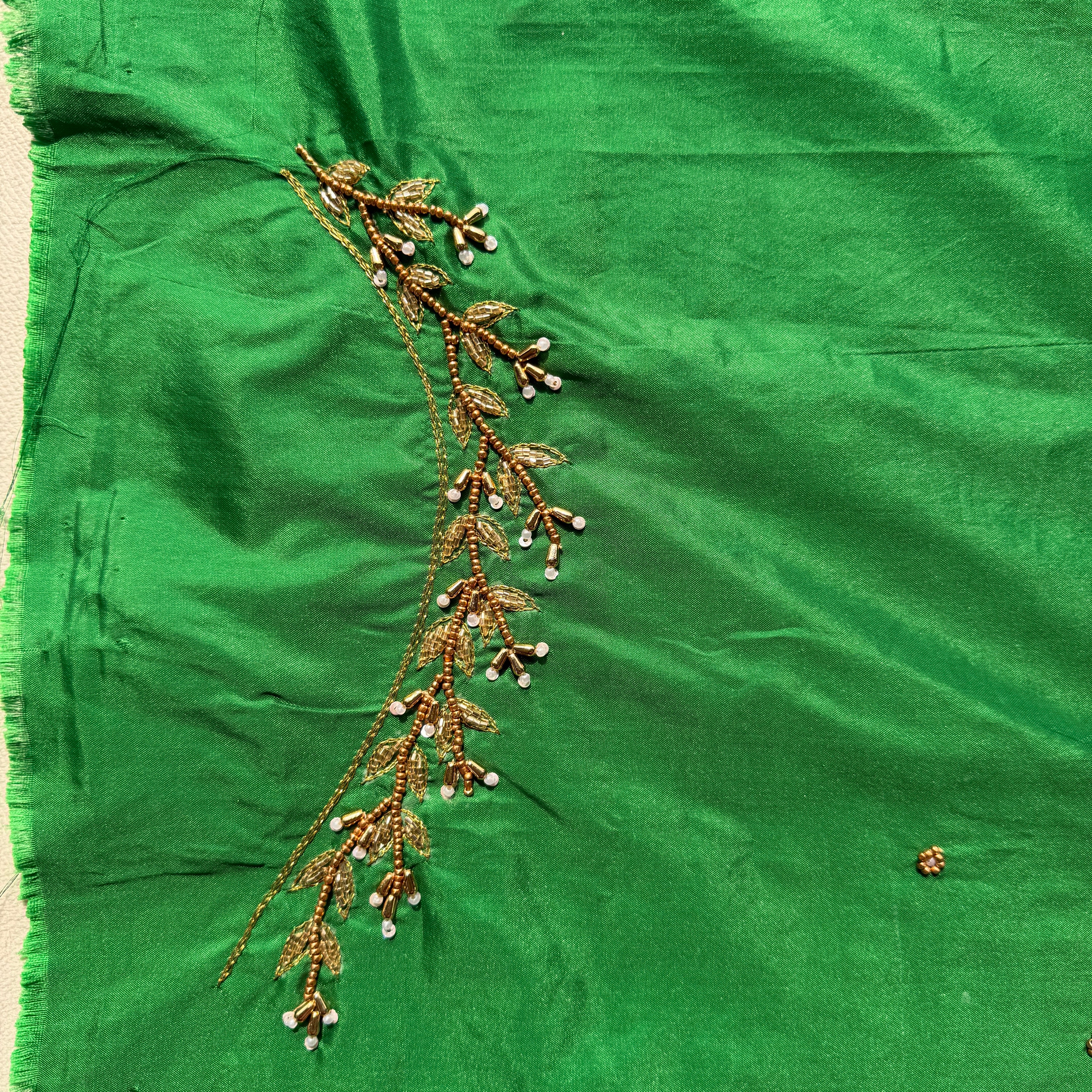 Leaf Green Aari Work Blouse Fabric in Devi silk 1 metre with Cutdana Hand Embroidery | Designer Blouse Piece for Bridal & Festive Wear