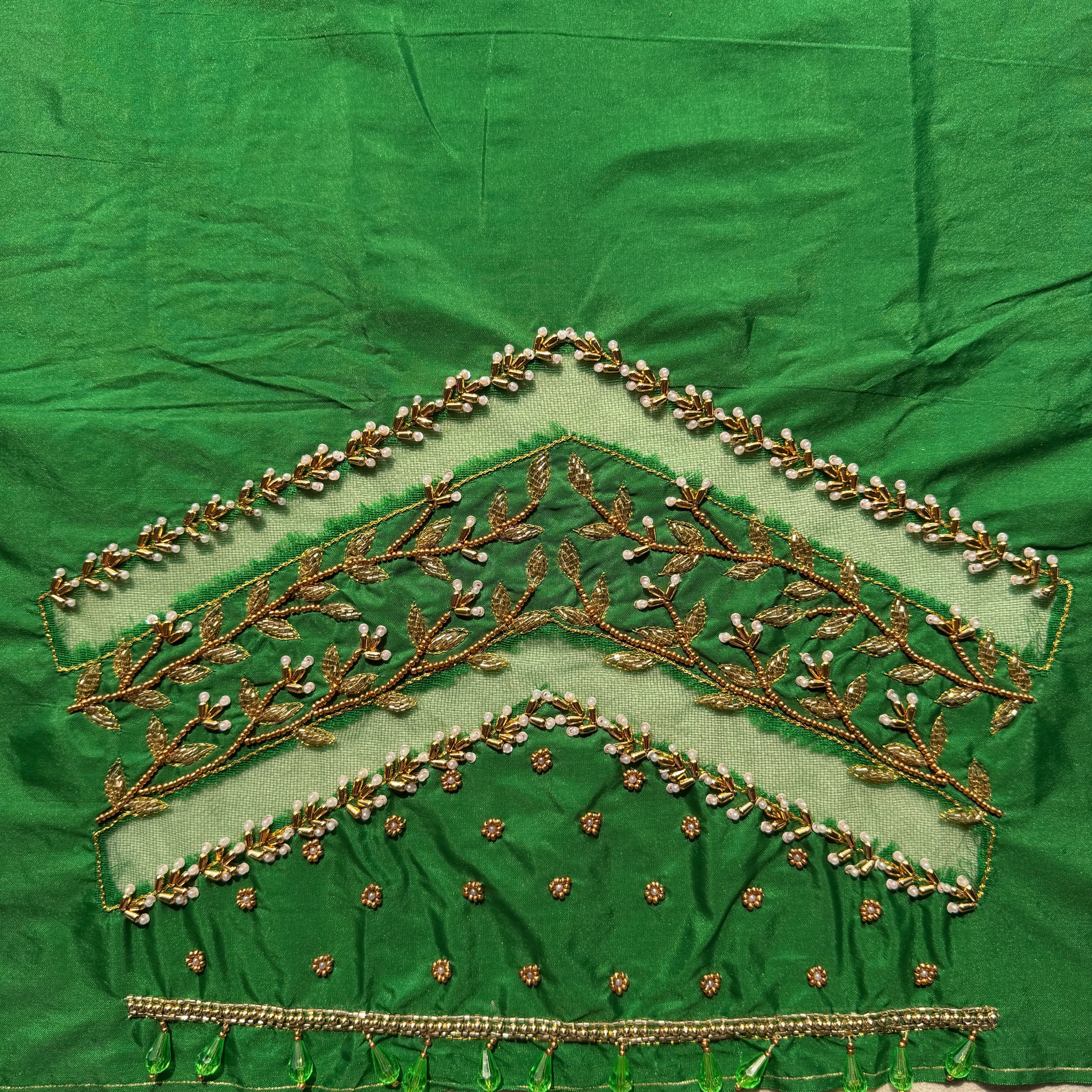 Leaf Green Aari Work Blouse Fabric in Devi silk 1 metre with Cutdana Hand Embroidery | Designer Blouse Piece for Bridal & Festive Wear