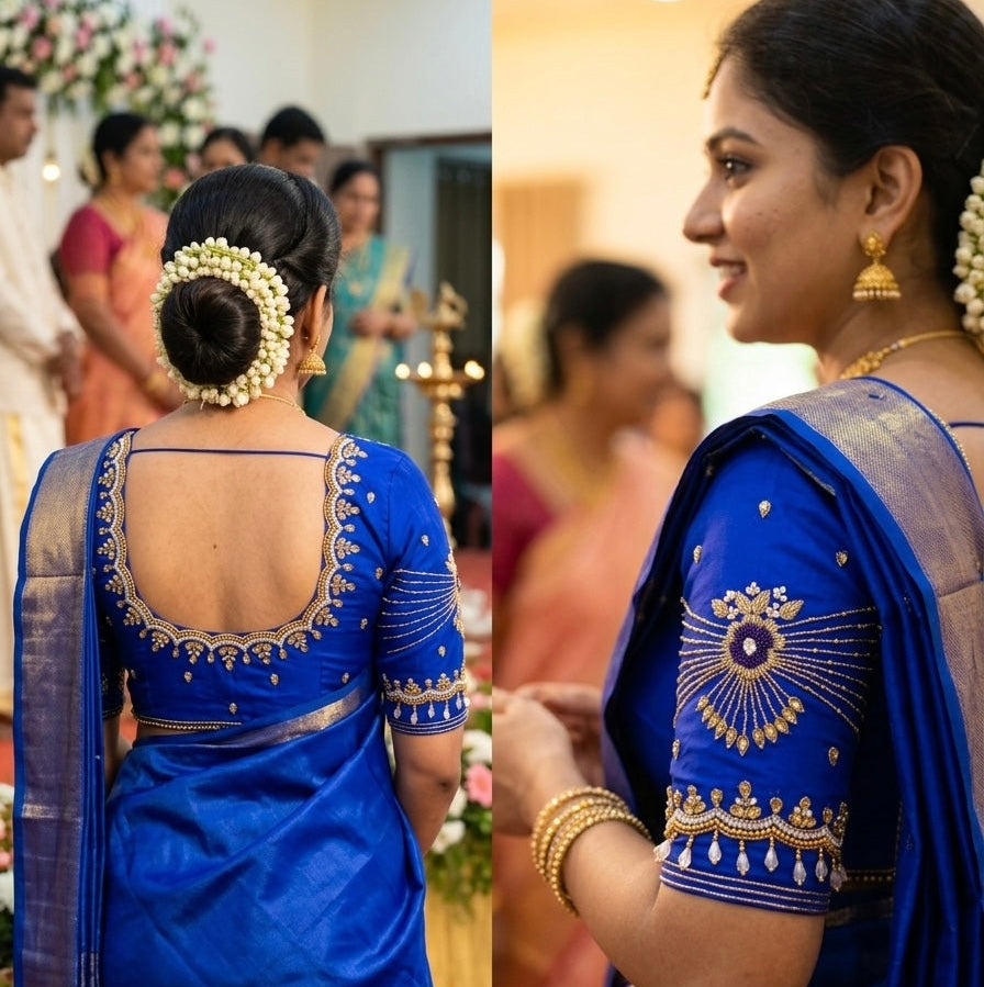 Royal Blue Aari Work Blouse Fabric in Devi silk 1 metre with Cutdana Hand Embroidery | Designer Blouse Piece for Bridal & Festive Wear