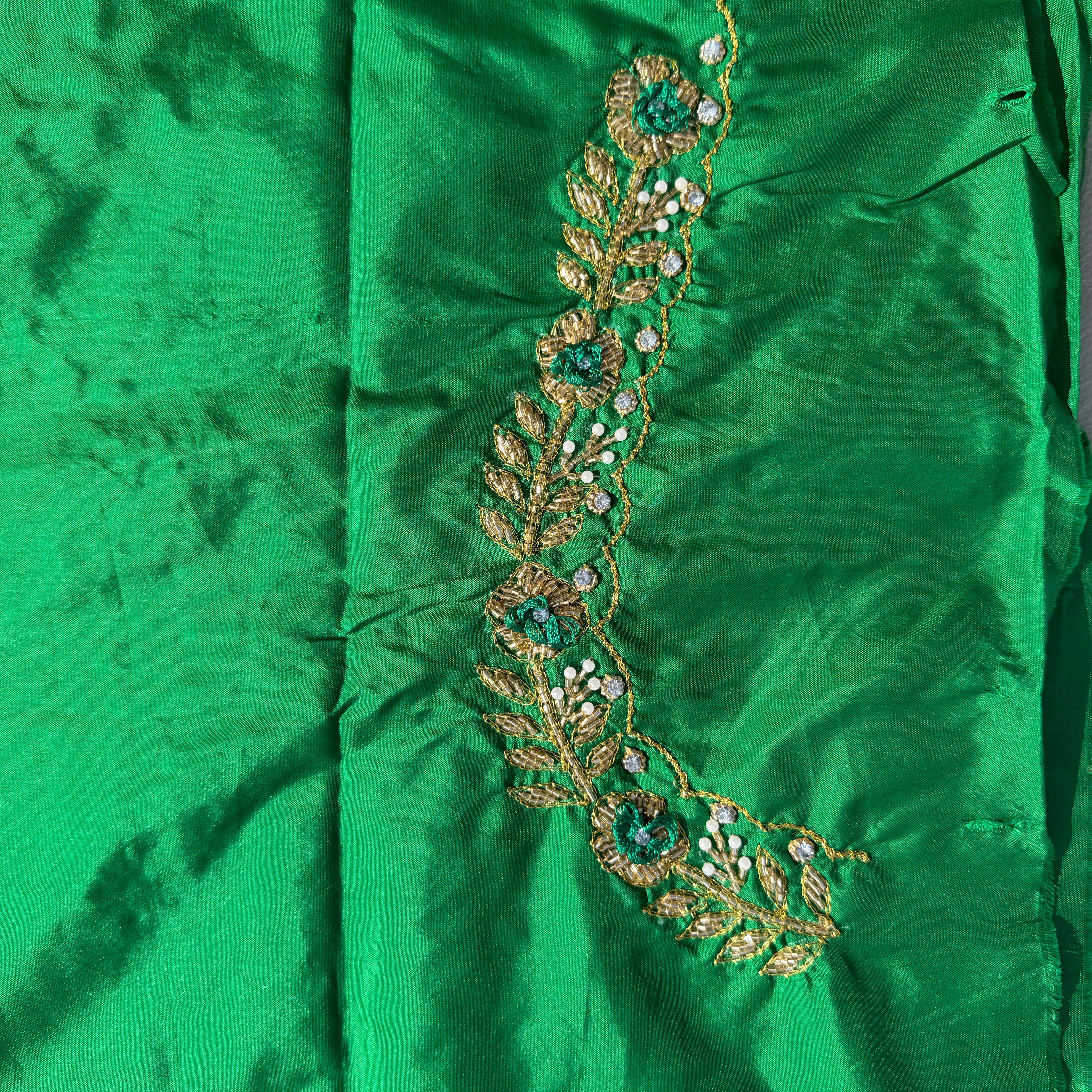 Leaf Green Aari Work Blouse Fabric in Devi silk 1 metre with Cutdana Hand Embroidery | Designer Blouse Piece for Bridal & Festive Wear