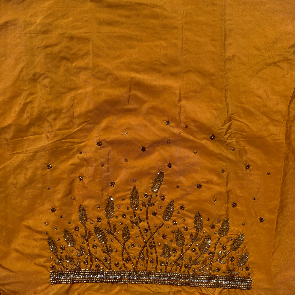 Yellow Aari Work Blouse Fabric in Devi silk 1 metre with Cutdana Hand Embroidery | Designer Blouse Piece for Bridal & Festive Wear