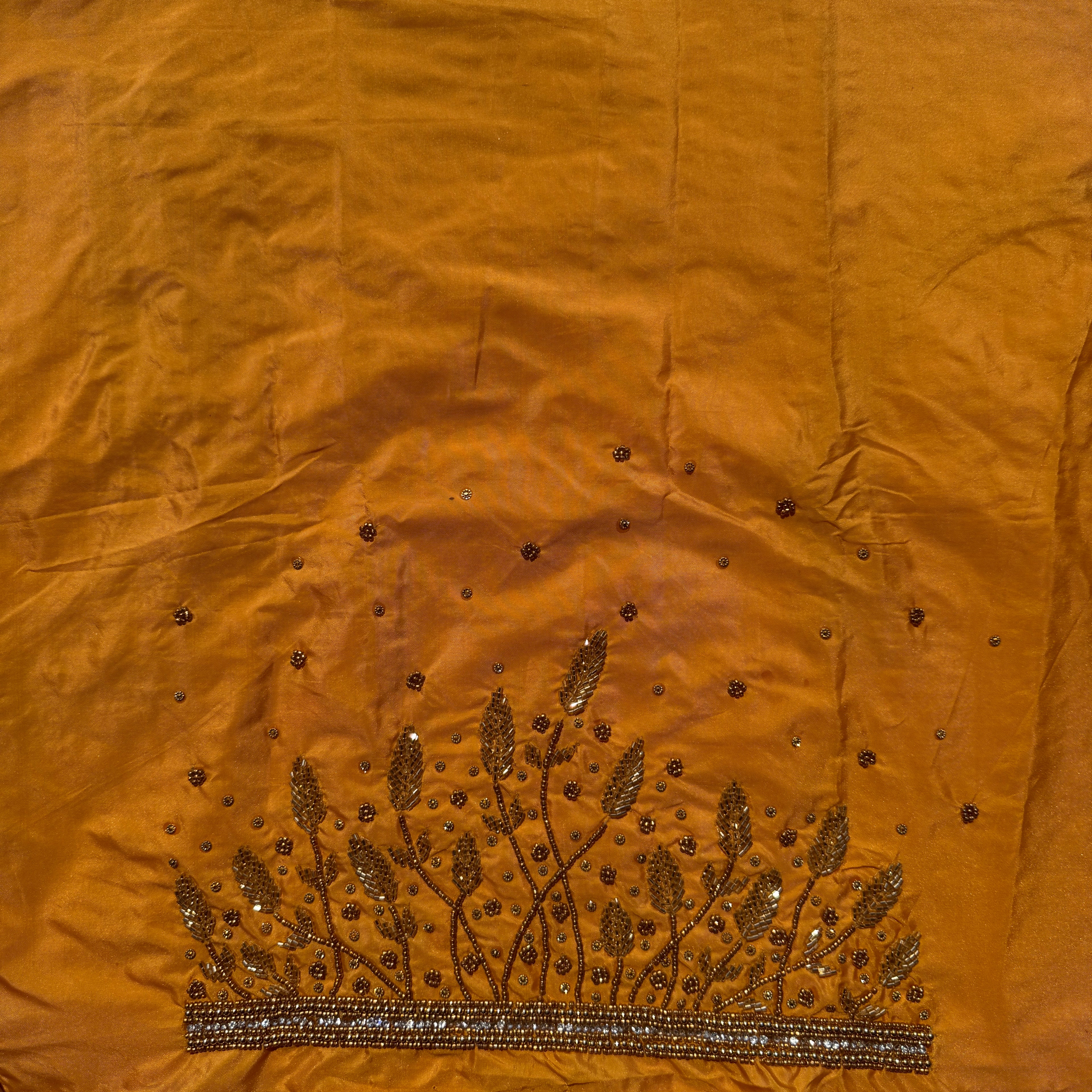 Yellow Aari Work Blouse Fabric in Devi silk 1 metre with Cutdana Hand Embroidery | Designer Blouse Piece for Bridal & Festive Wear