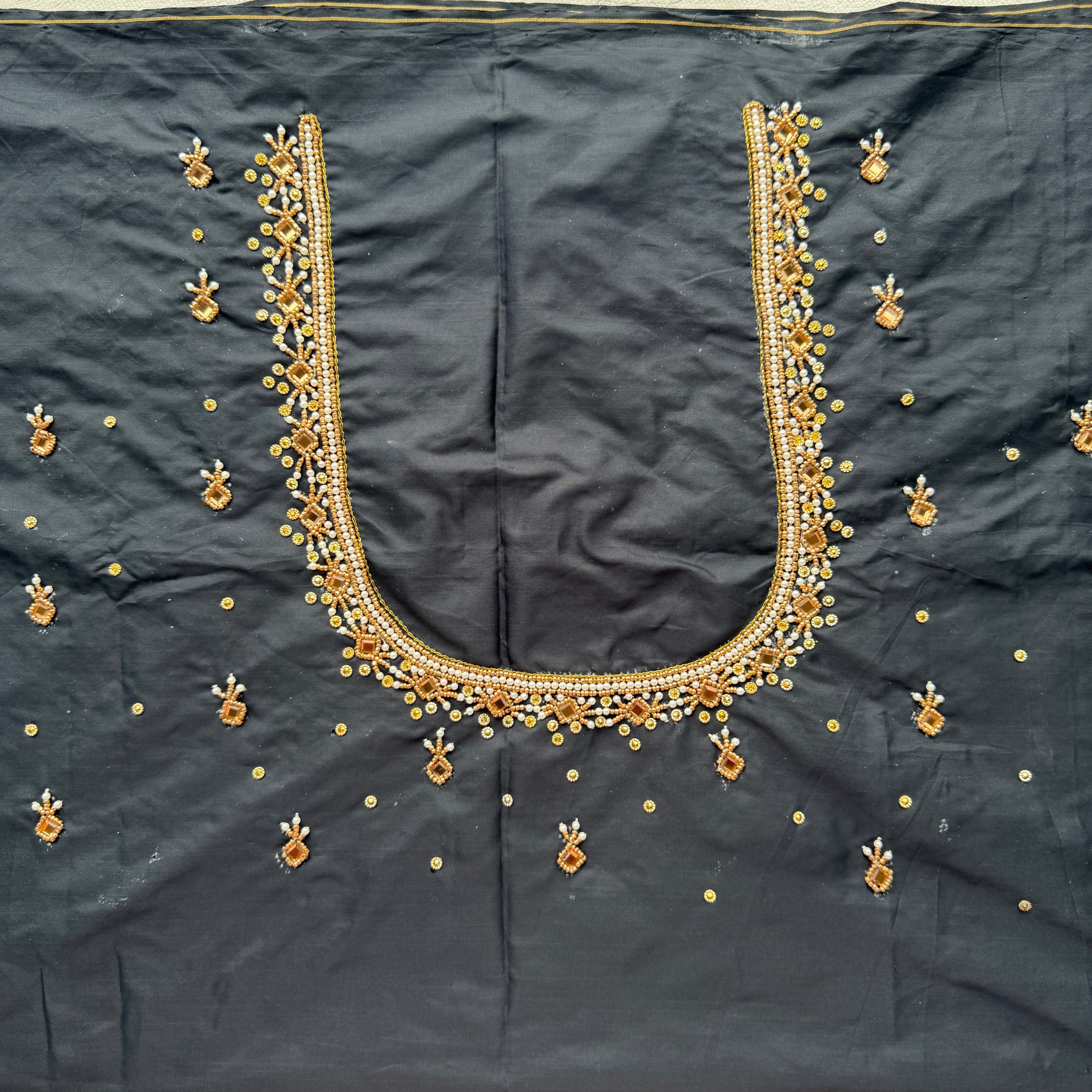 Black Aari Work Blouse Fabric in Devi silk 1 metre with Cutdana Hand Embroidery | Designer Blouse Piece for Bridal & Festive Wear