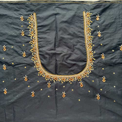 Black Aari Work Blouse Fabric in Devi silk 1 metre with Cutdana Hand Embroidery | Designer Blouse Piece for Bridal & Festive Wear
