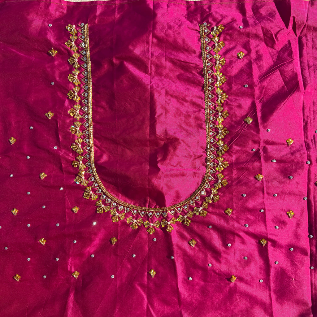 Rani pink Aari Work Blouse Fabric in Devi silk 1 metre with Cutdana Hand Embroidery | Designer Blouse Piece for Bridal & Festive Wear