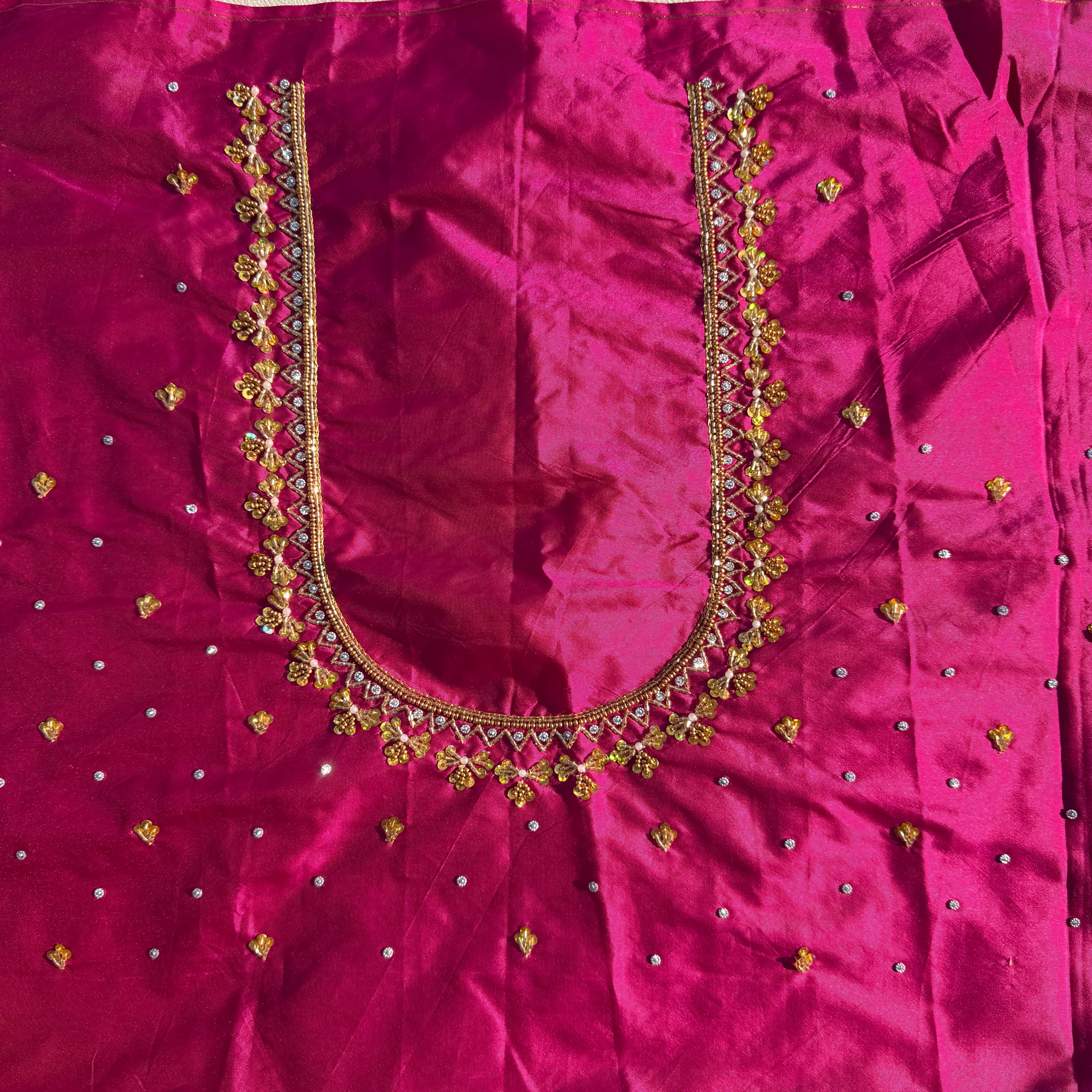 Rani pink Aari Work Blouse Fabric in Devi silk 1 metre with Cutdana Hand Embroidery | Designer Blouse Piece for Bridal & Festive Wear