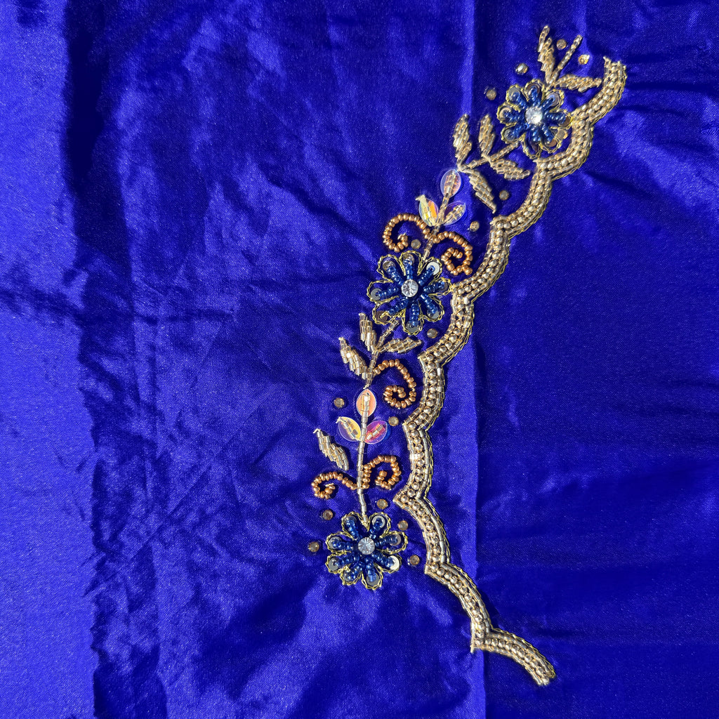 Royal Blue Aari Work Blouse Fabric in Devi silk 1 metre with Cutdana Hand Embroidery | Designer Blouse Piece for Bridal & Festive Wear