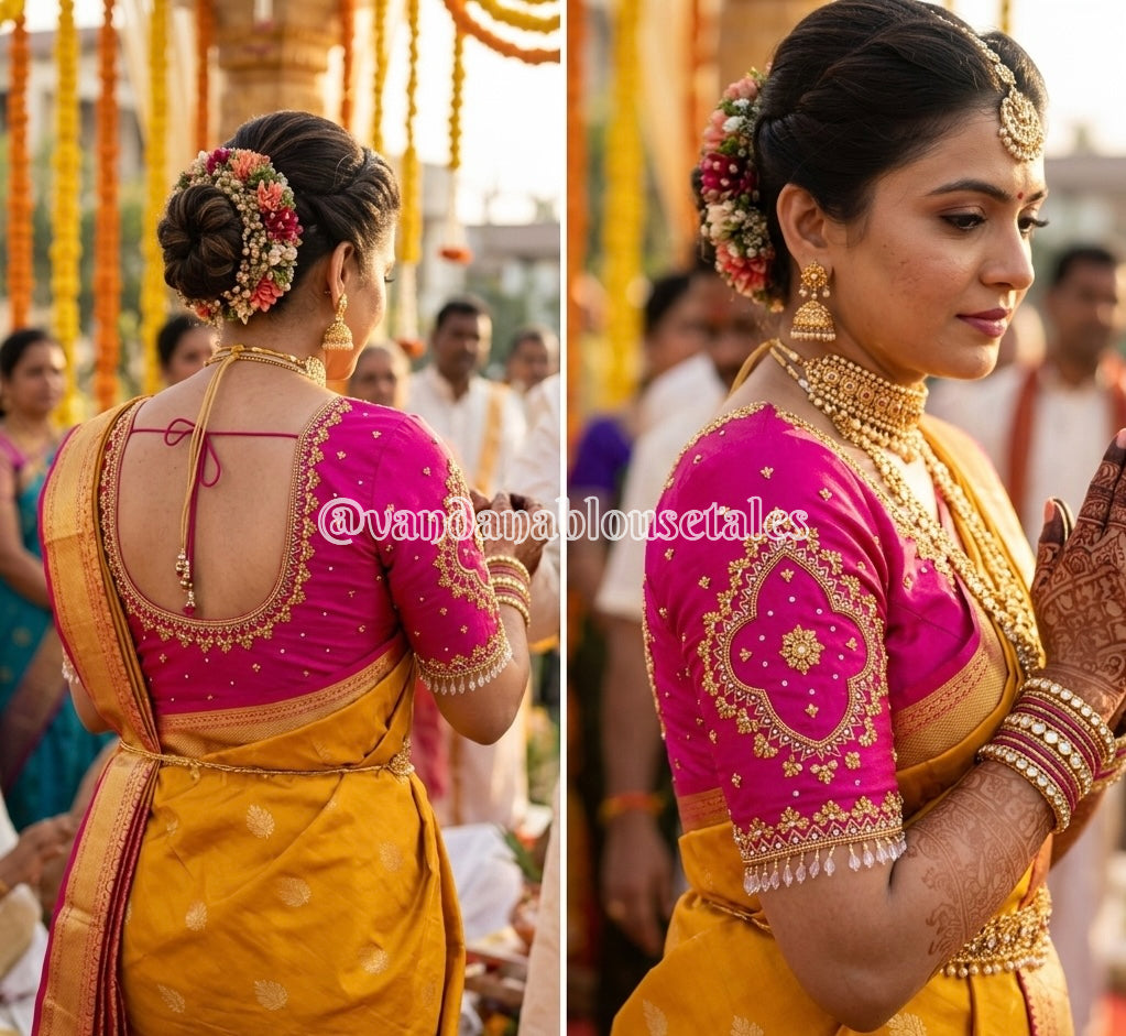 Rani pink Aari Work Blouse Fabric in Devi silk 1 metre with Cutdana Hand Embroidery | Designer Blouse Piece for Bridal & Festive Wear