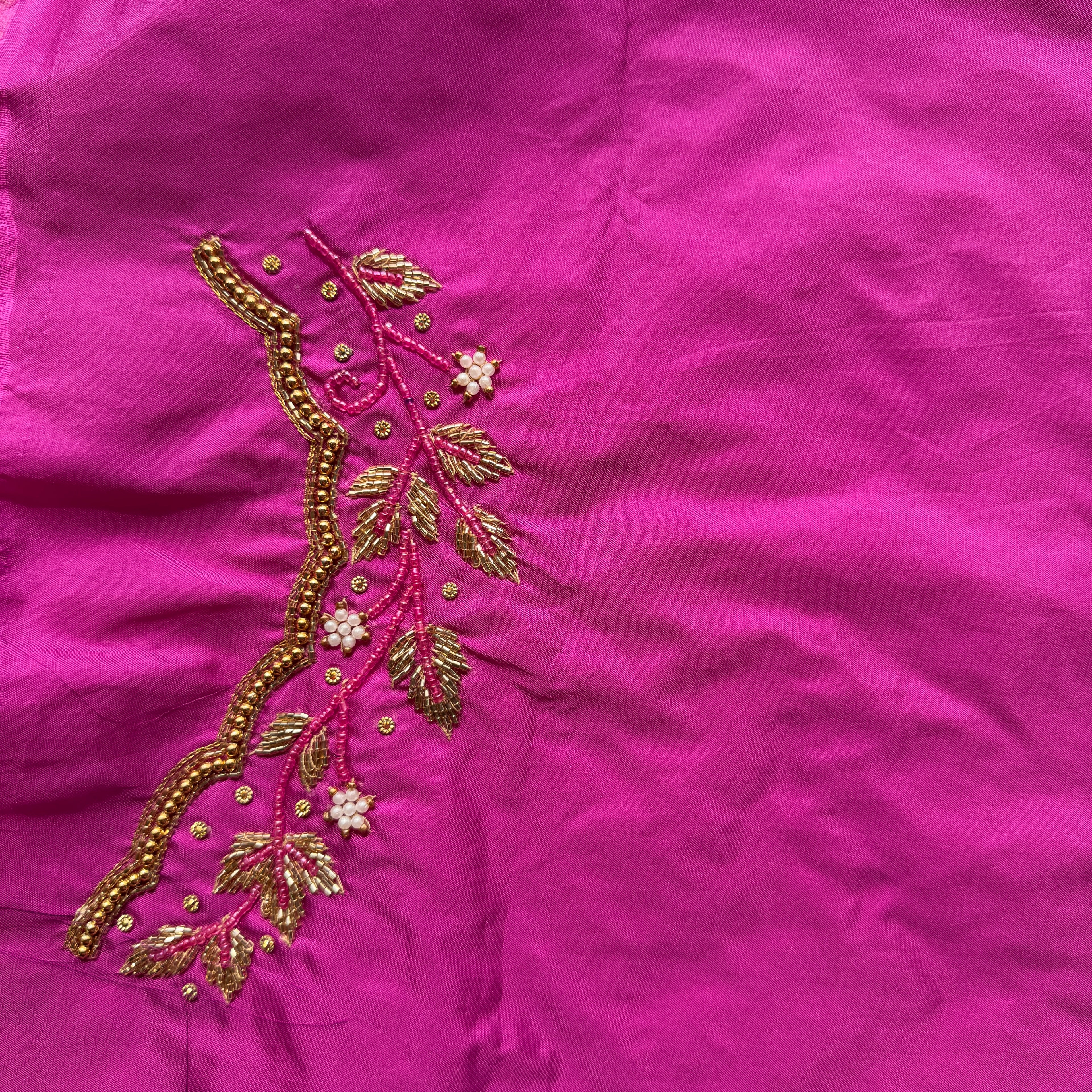 Rani pink Aari Work Blouse Fabric in Devi silk 1 metre with Cutdana Hand Embroidery | Designer Blouse Piece for Bridal & Festive Wear