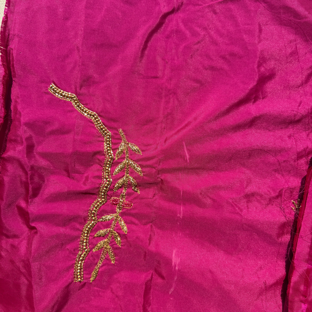 Rani pink Aari Work Blouse Fabric in Devi silk 1 metre with Cutdana Hand Embroidery | Designer Blouse Piece for Bridal & Festive Wear