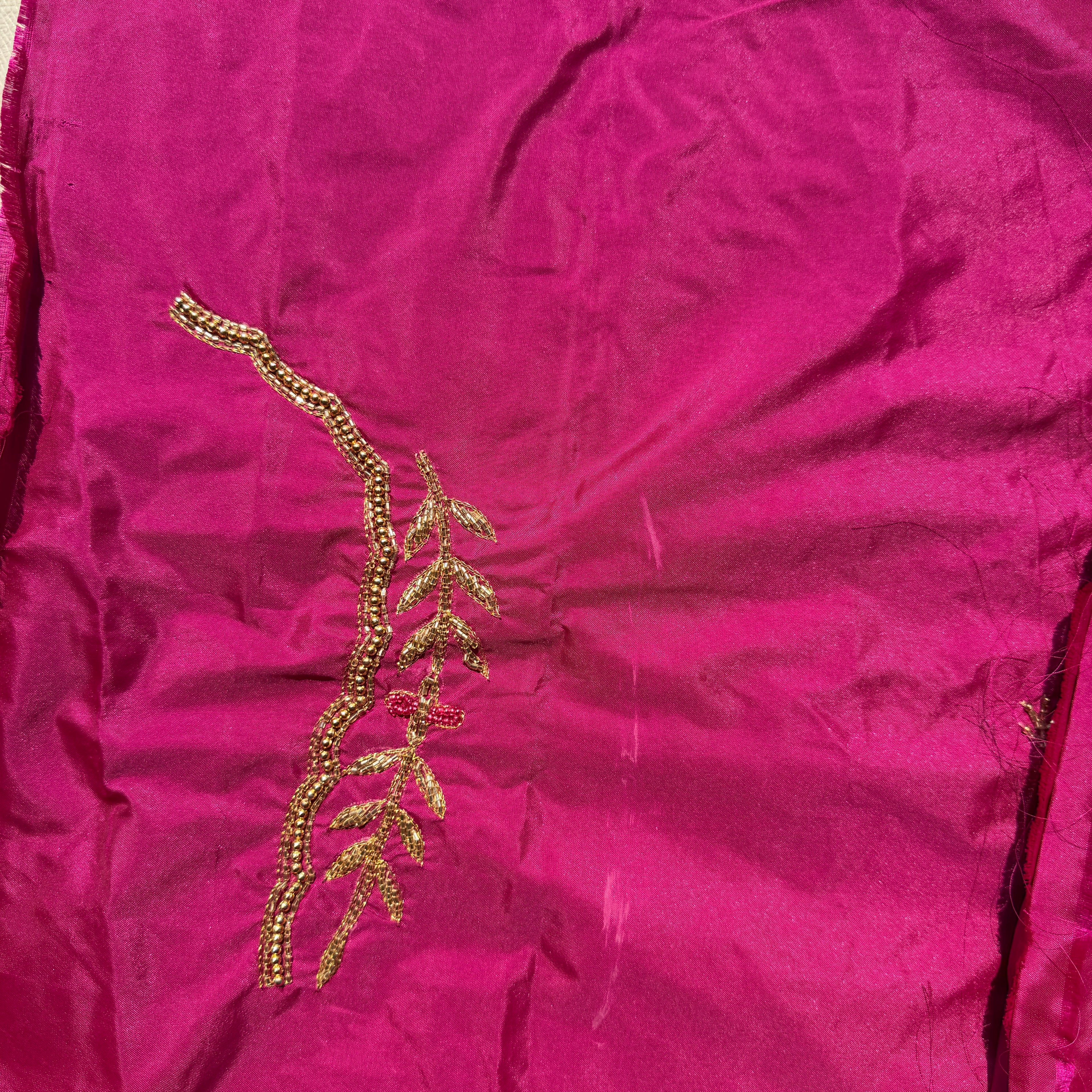 Rani pink Aari Work Blouse Fabric in Devi silk 1 metre with Cutdana Hand Embroidery | Designer Blouse Piece for Bridal & Festive Wear