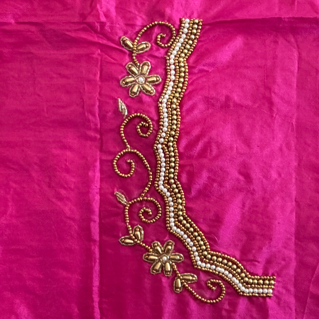 Rani pink Aari Work Blouse Fabric in Devi silk 1 metre with Cutdana Hand Embroidery | Designer Blouse Piece for Bridal & Festive Wear