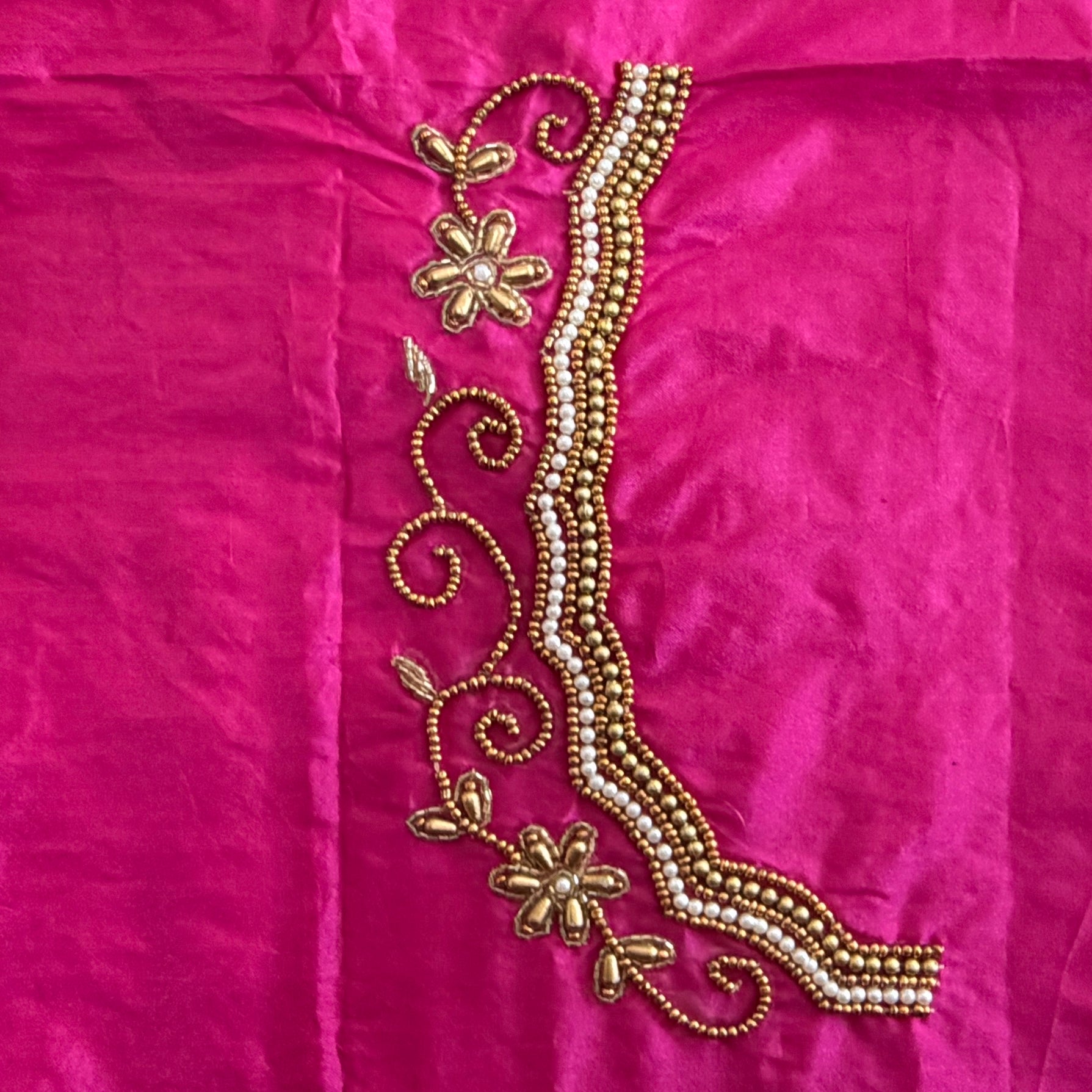 Rani pink Aari Work Blouse Fabric in Devi silk 1 metre with Cutdana Hand Embroidery | Designer Blouse Piece for Bridal & Festive Wear