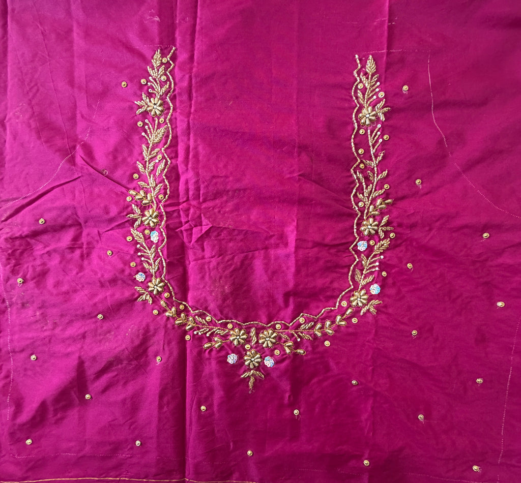 Rani pink Aari Work Blouse Fabric in Devi silk 1 - 1.10 metre with Cutdana Hand Embroidery | Designer Blouse Piece for Bridal & Festive Wear