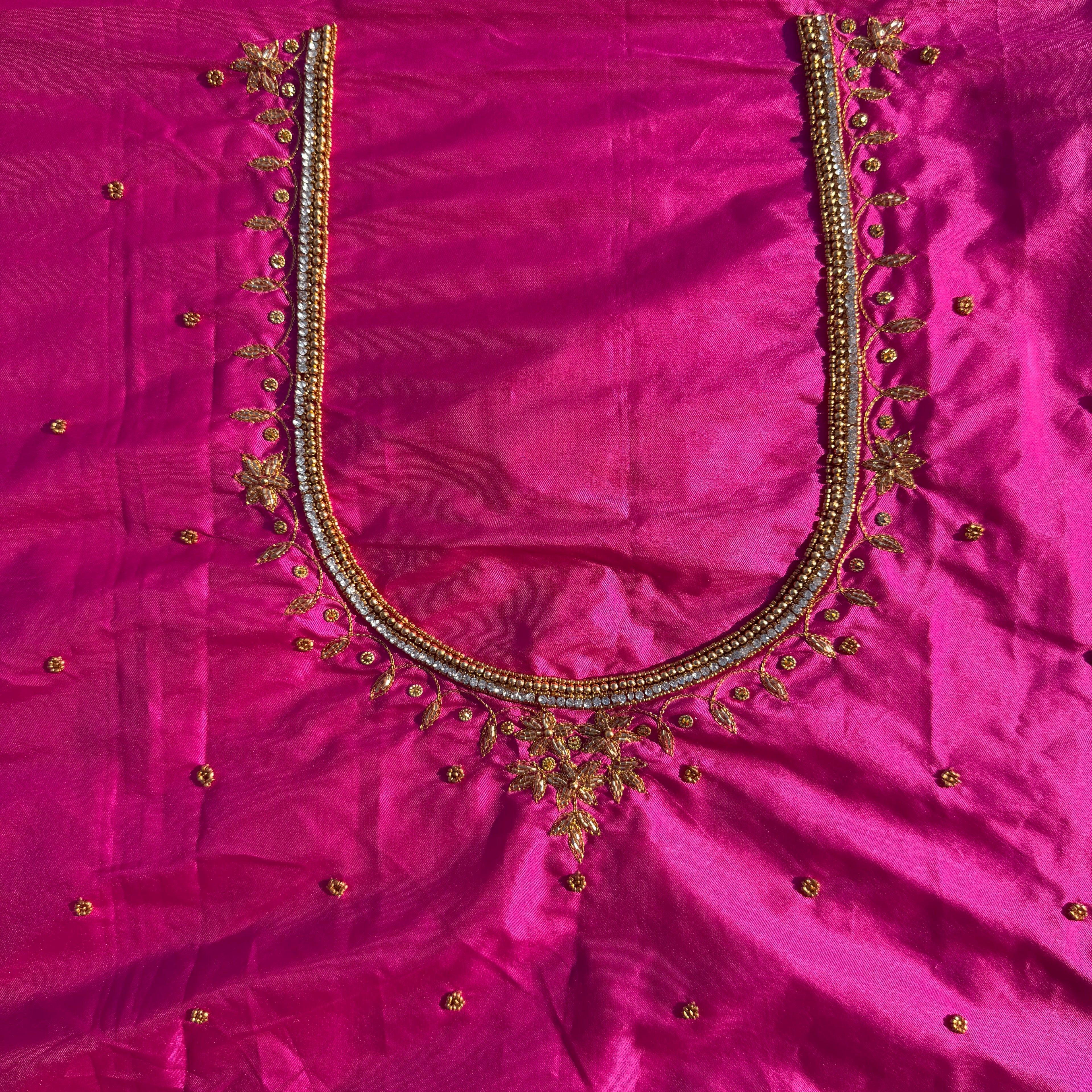 Bright Magenta pink Aari Work Blouse Fabric in Devi silk 1 metre with Cutdana Hand Embroidery | Designer Blouse Piece for Bridal & Festive Wear