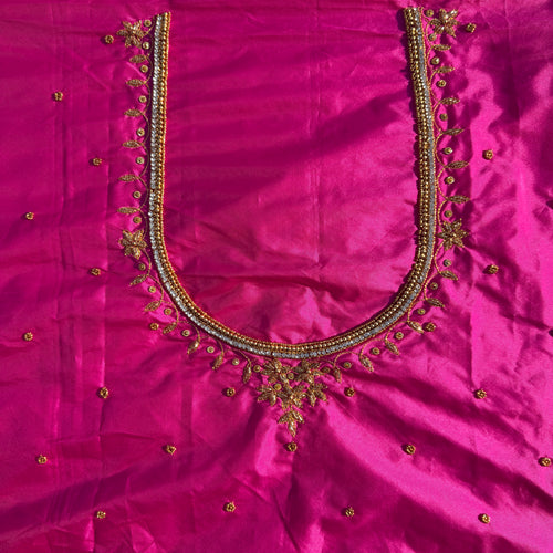 Bright Magenta pink Aari Work Blouse Fabric in Devi silk 1 metre with Cutdana Hand Embroidery | Designer Blouse Piece for Bridal & Festive Wear