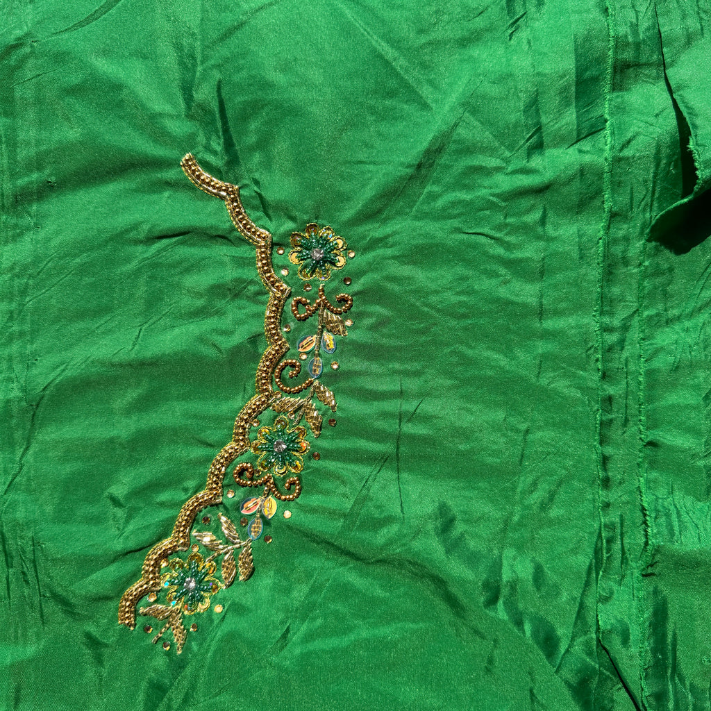 Leaf Green Aari Work Blouse Fabric in Devi silk 1 metre with Cutdana Hand Embroidery | Designer Blouse Piece for Bridal & Festive Wear