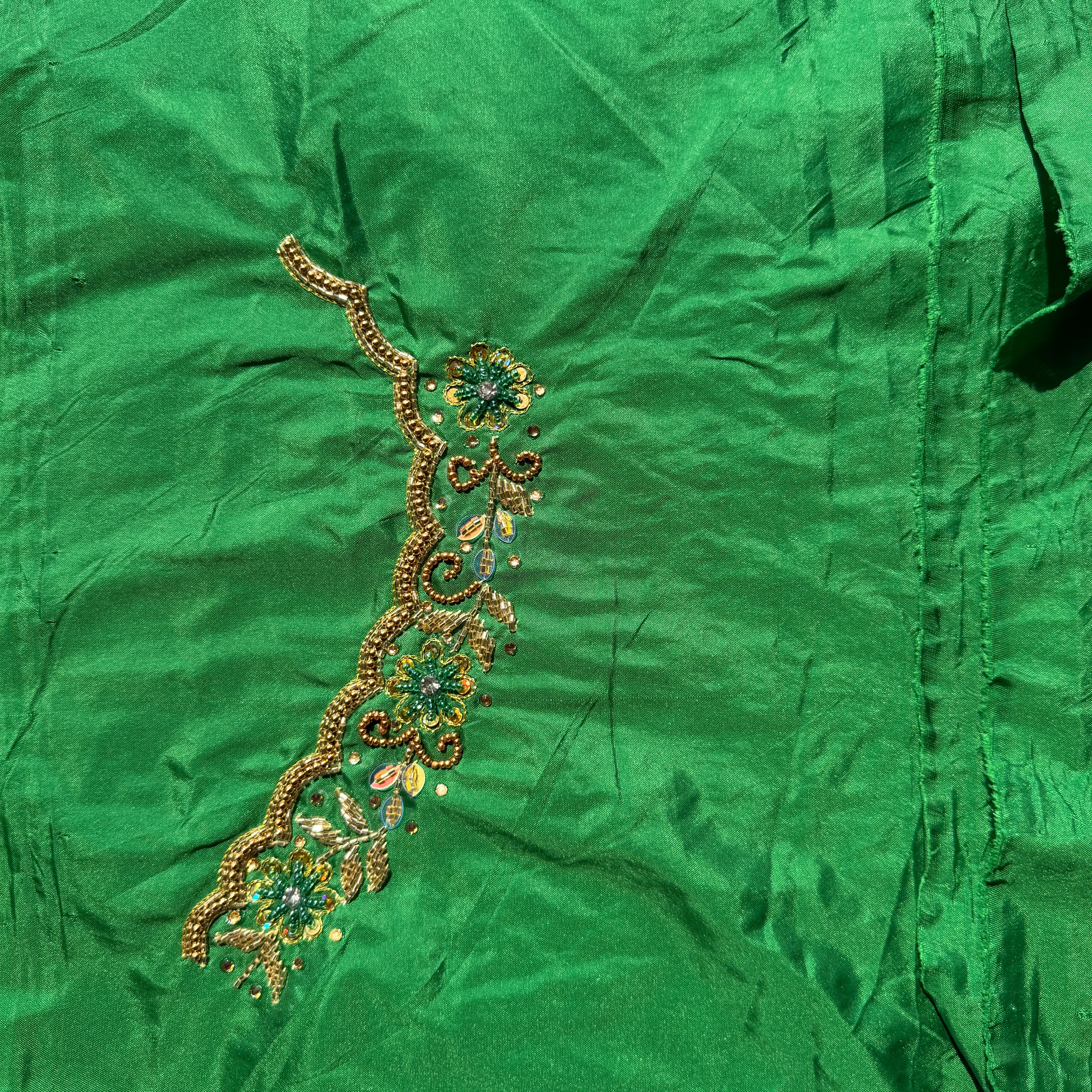 Leaf Green Aari Work Blouse Fabric in Devi silk 1 metre with Cutdana Hand Embroidery | Designer Blouse Piece for Bridal & Festive Wear