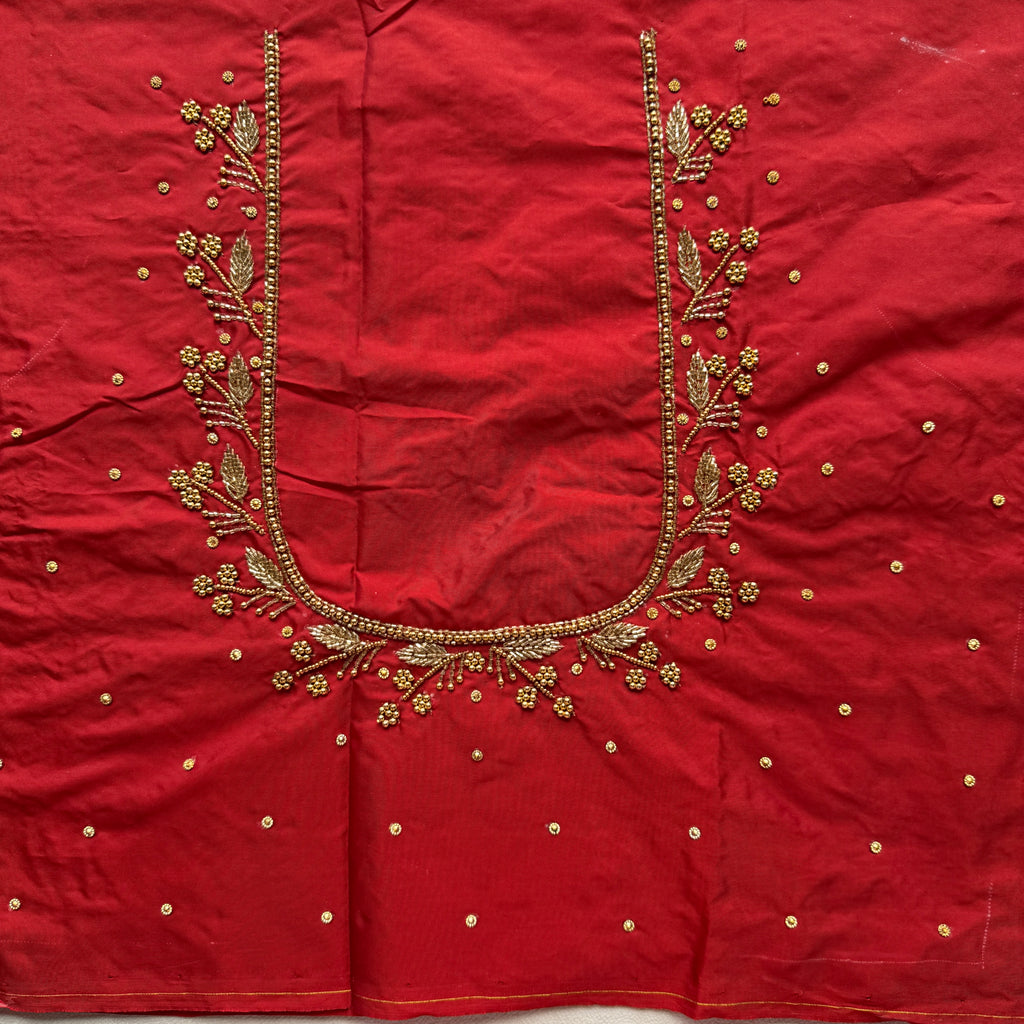 Maroon Aari Work Blouse Fabric in Devi silk 1 metre with Cutdana Hand Embroidery | Designer Blouse Piece for Bridal & Festive Wear