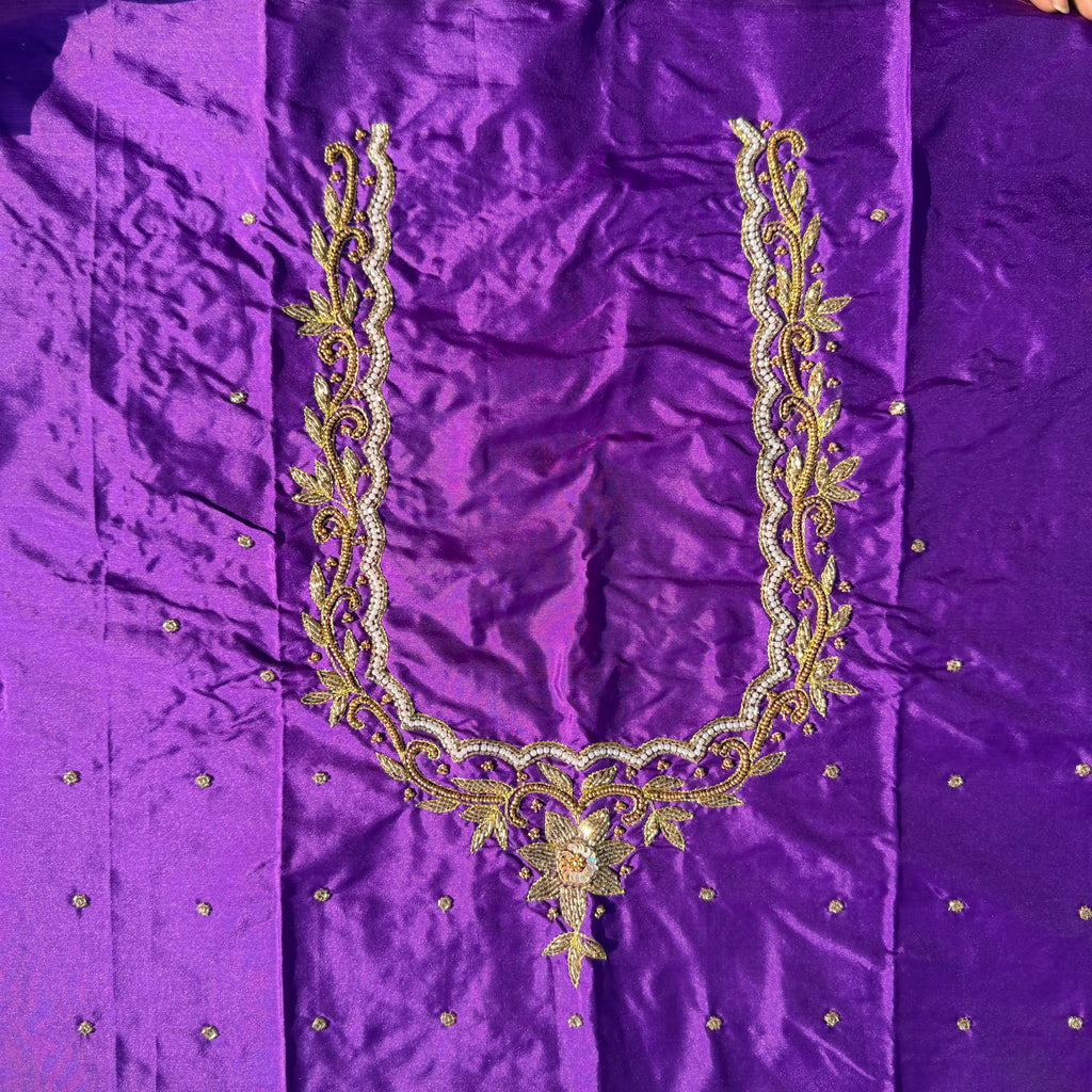 Purple colour Aari Work Blouse Fabric in Devi silk 1 metre with Cutdana Hand Embroidery | Designer Blouse Piece for Bridal & Festive Wear