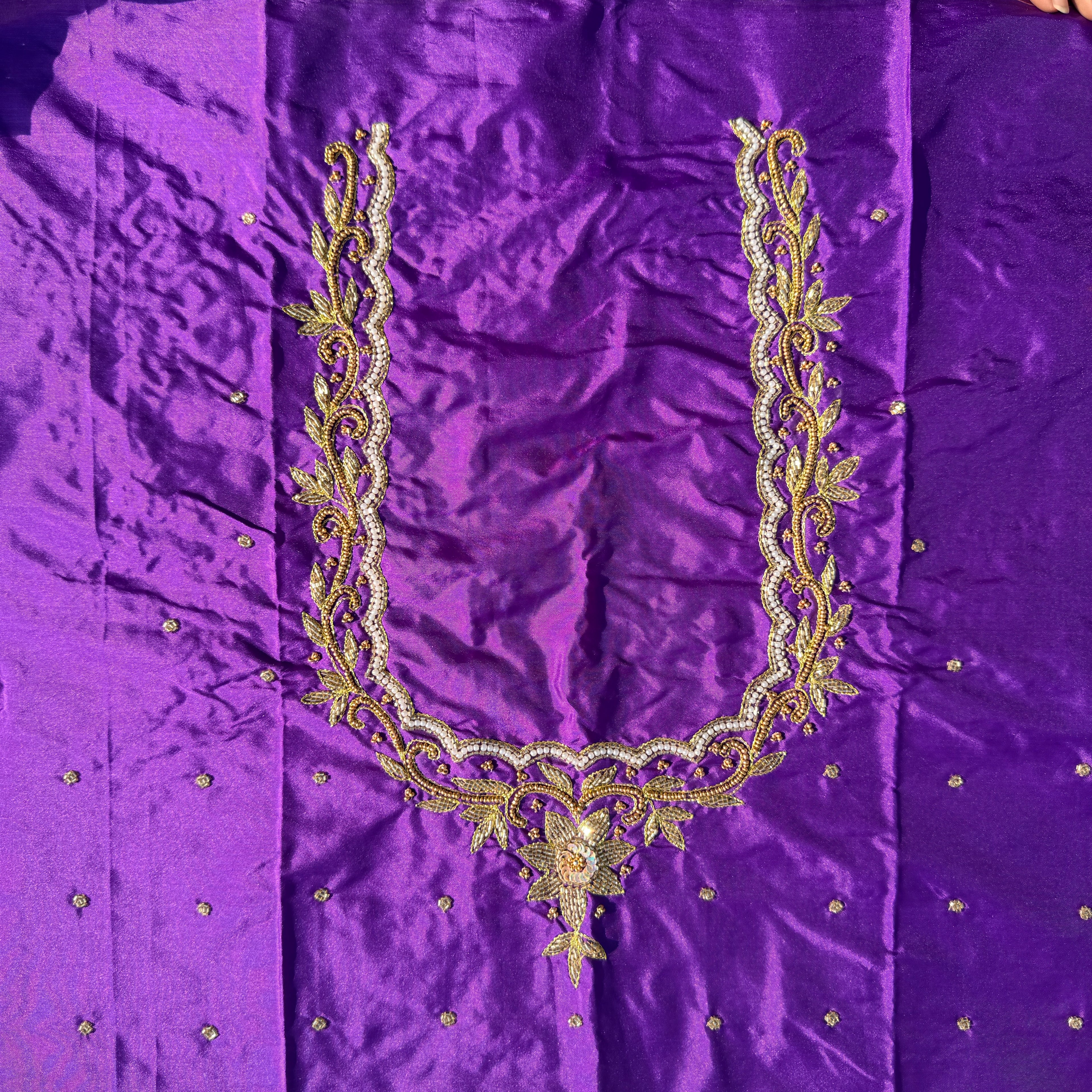 Purple colour Aari Work Blouse Fabric in Devi silk 1 metre with Cutdana Hand Embroidery | Designer Blouse Piece for Bridal & Festive Wear