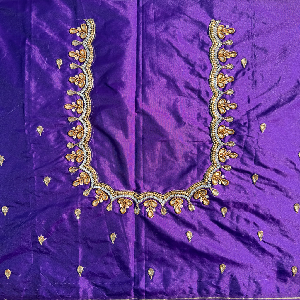 Royal Blue Aari Work Blouse Fabric in Devi silk 1 metre with Cutdana Hand Embroidery | Designer Blouse Piece for Bridal & Festive Wear
