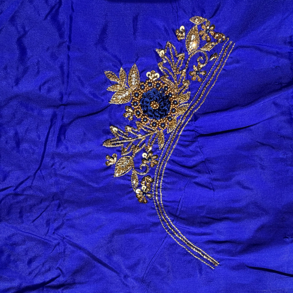 Royal Blue Aari Work Blouse Fabric in Devi silk 1 metre with Cutdana Hand Embroidery | Designer Blouse Piece for Bridal & Festive Wear