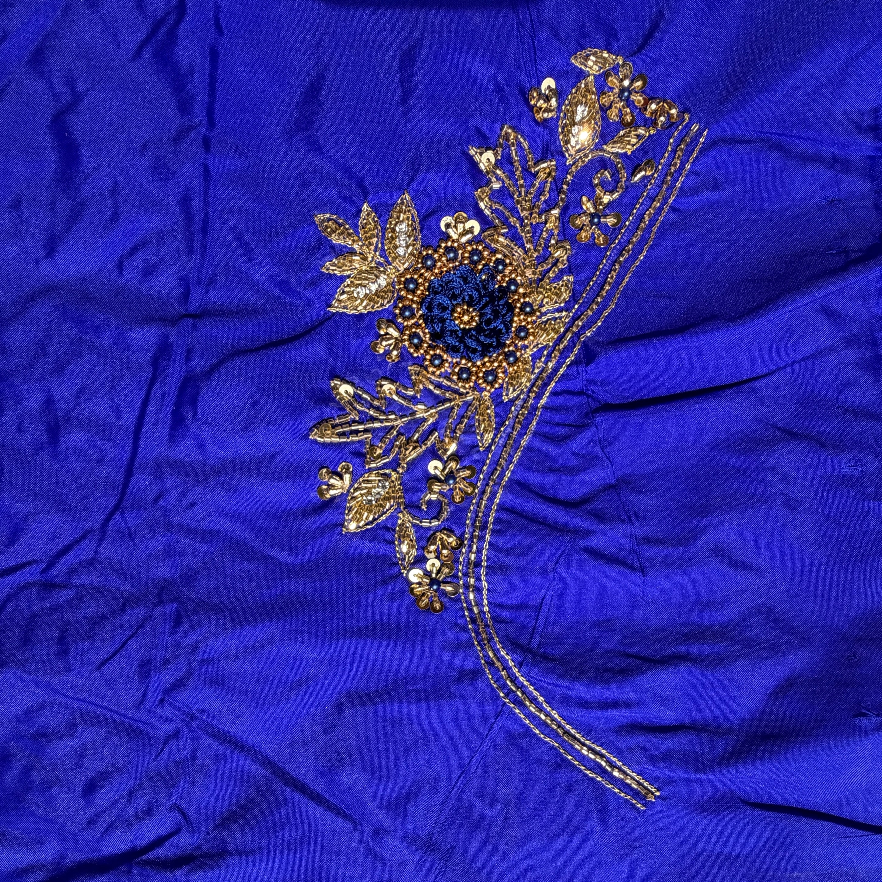 Royal Blue Aari Work Blouse Fabric in Devi silk 1 metre with Cutdana Hand Embroidery | Designer Blouse Piece for Bridal & Festive Wear