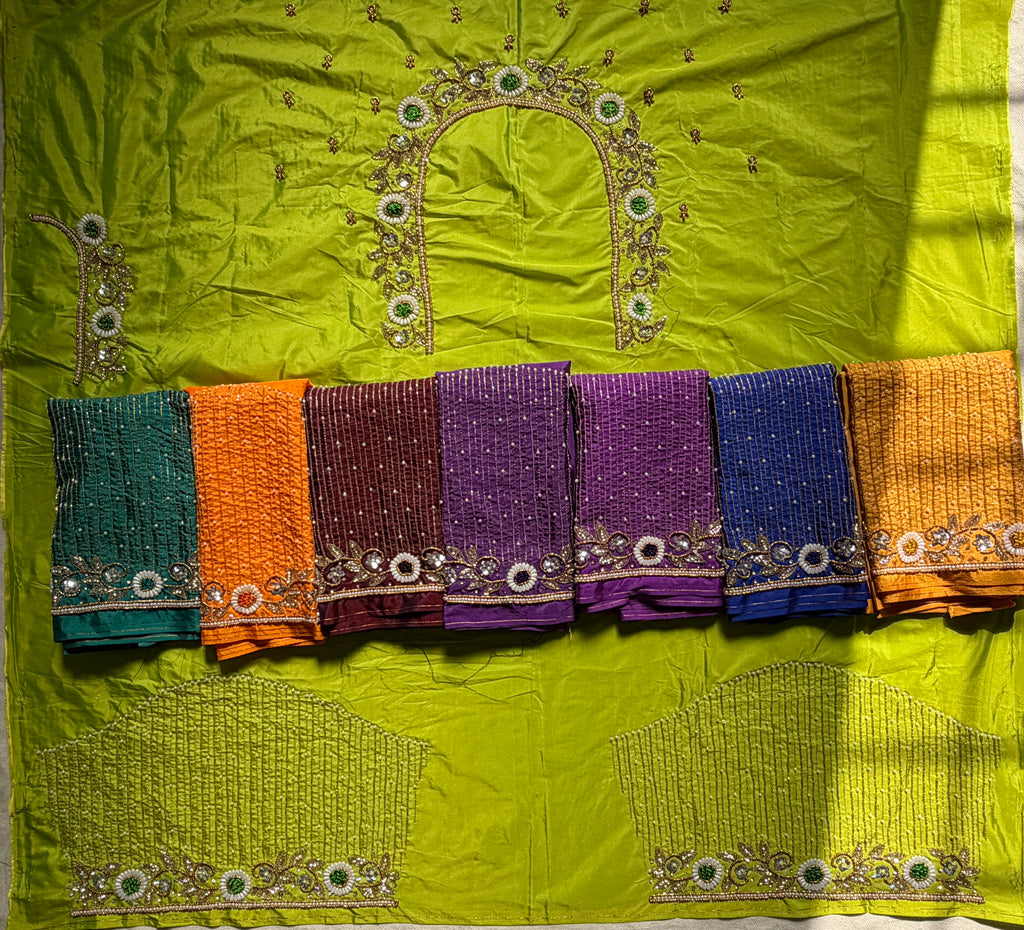 Parrot Green Aari Work Blouse Fabric in Devi silk 1 metre with Cutdana Hand Embroidery | Designer Blouse Piece for Bridal & Festive Wear