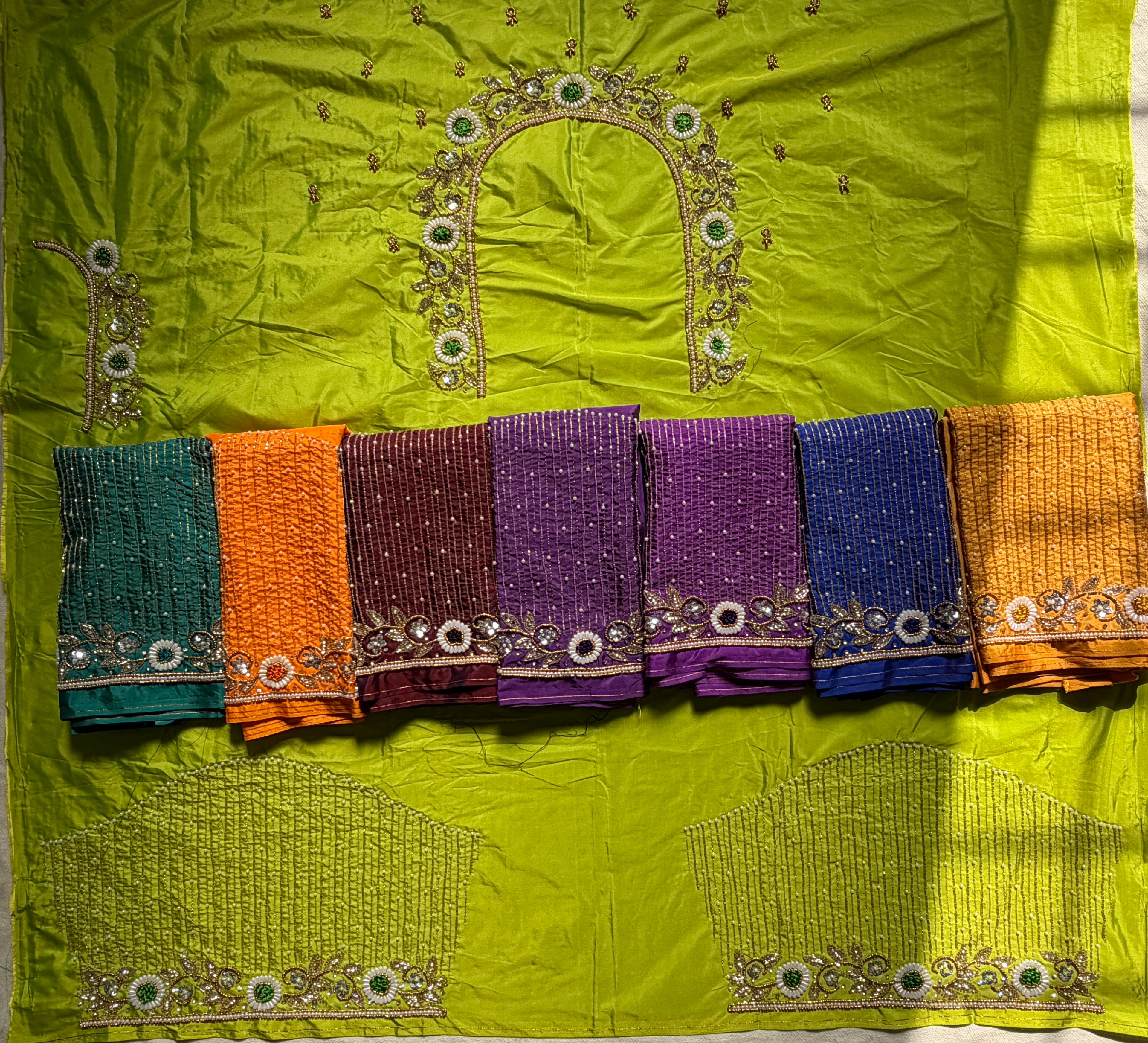 Parrot Green Aari Work Blouse Fabric in Devi silk 1 metre with Cutdana Hand Embroidery | Designer Blouse Piece for Bridal & Festive Wear
