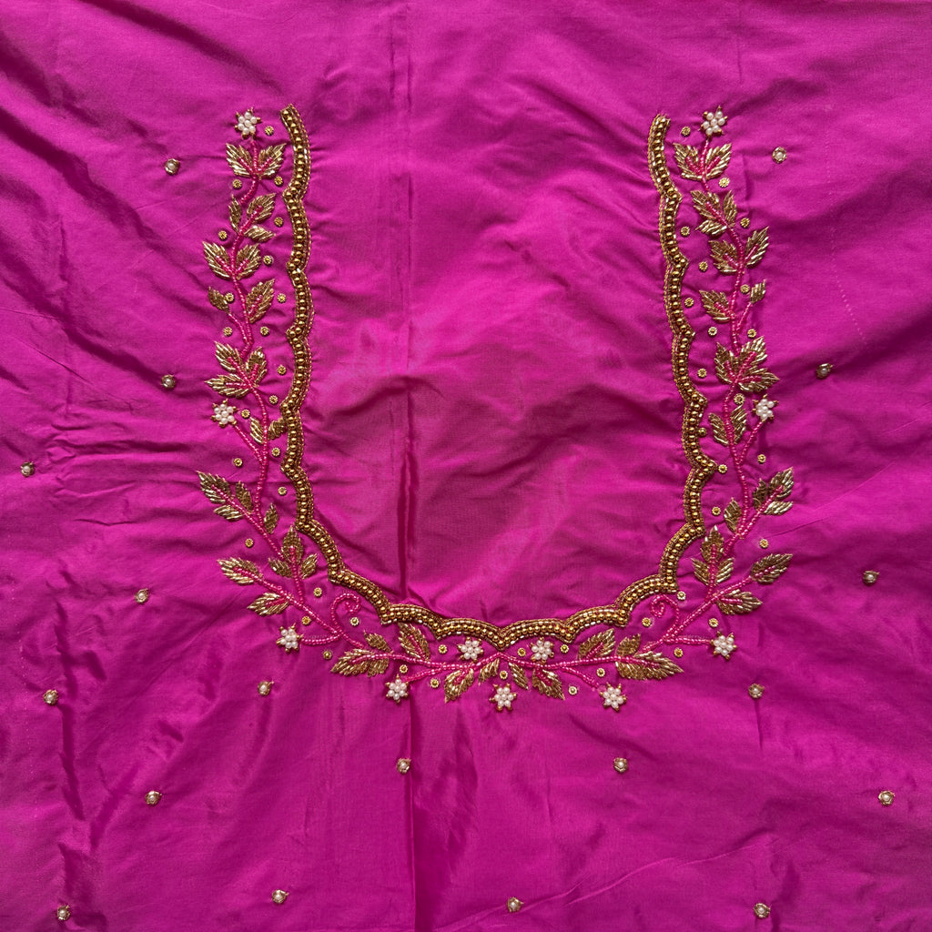 Rani pink Aari Work Blouse Fabric in Devi silk 1 metre with Cutdana Hand Embroidery | Designer Blouse Piece for Bridal & Festive Wear