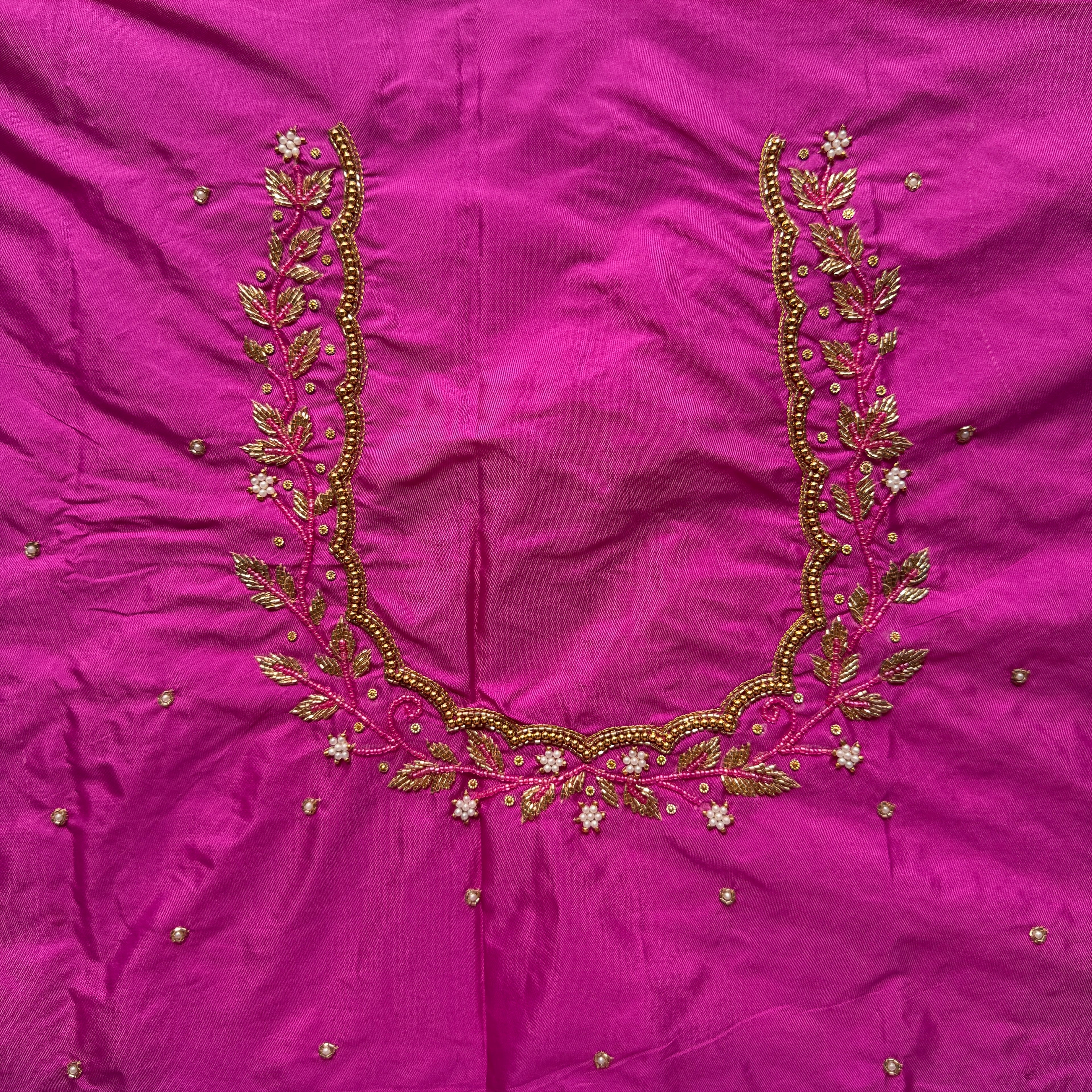Rani pink Aari Work Blouse Fabric in Devi silk 1 metre with Cutdana Hand Embroidery | Designer Blouse Piece for Bridal & Festive Wear