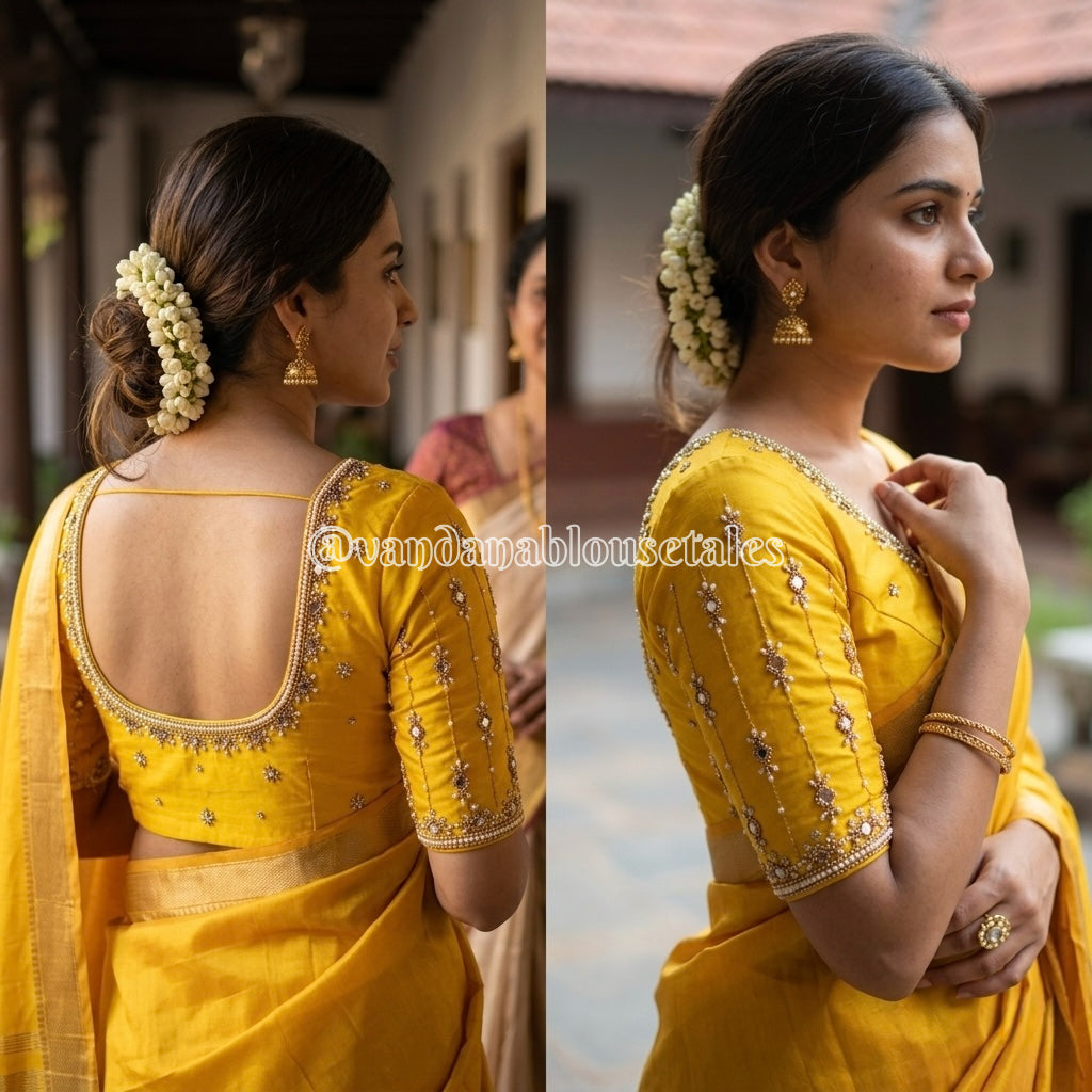 Black Aari Work Blouse Fabric in Devi silk 1 metre with Cutdana Hand Embroidery | Designer Blouse Piece for Bridal & Festive Wear
