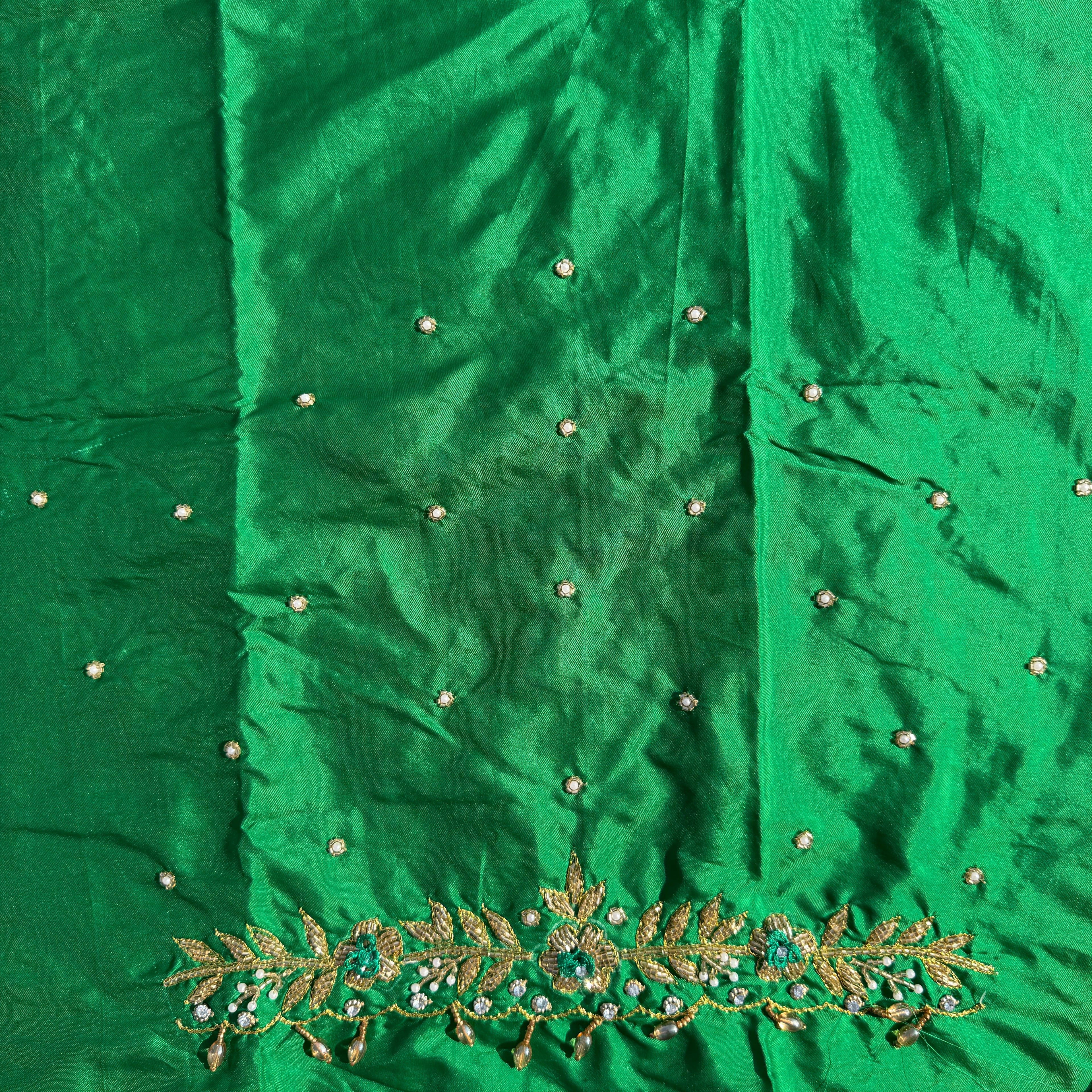 Leaf Green Aari Work Blouse Fabric in Devi silk 1 metre with Cutdana Hand Embroidery | Designer Blouse Piece for Bridal & Festive Wear