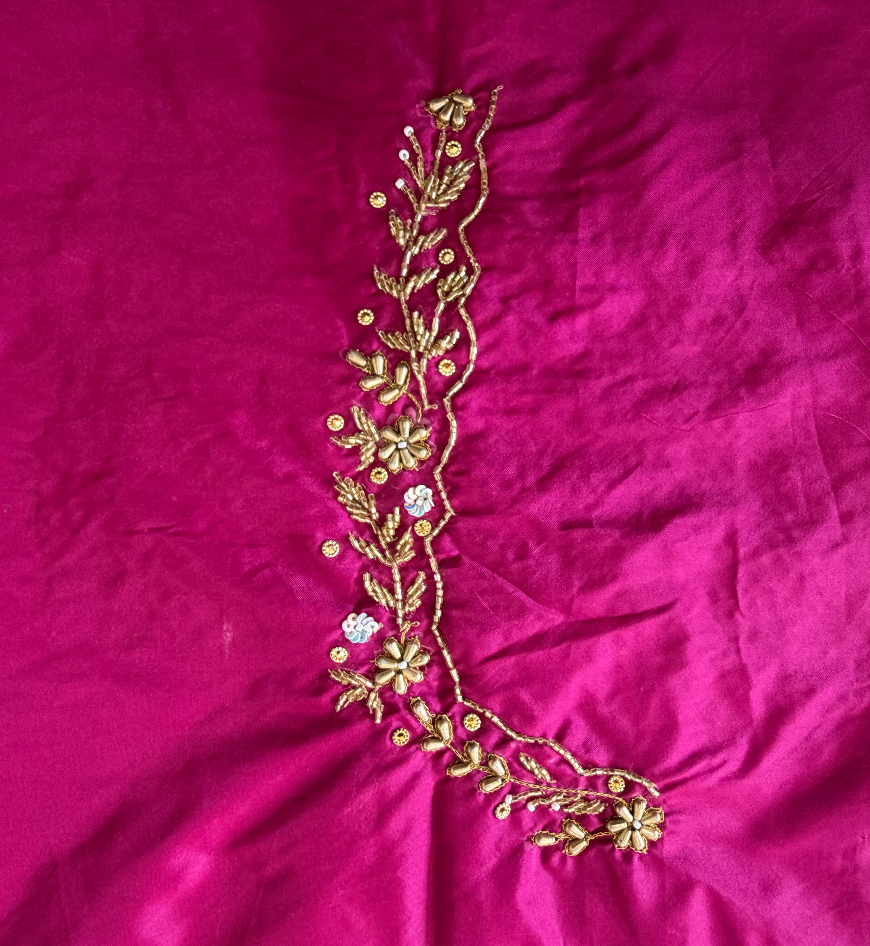 Rani pink Aari Work Blouse Fabric in Devi silk 1 - 1.10 metre with Cutdana Hand Embroidery | Designer Blouse Piece for Bridal & Festive Wear