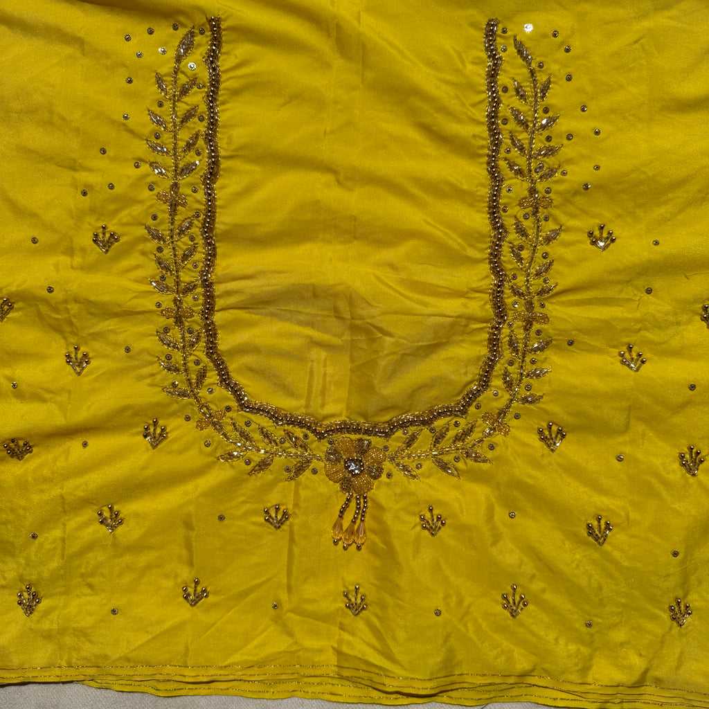 Lemon yellow Aari Work Blouse Fabric in Devi silk 1 metre with Cutdana Hand Embroidery | Designer Blouse Piece for Bridal & Festive Wear