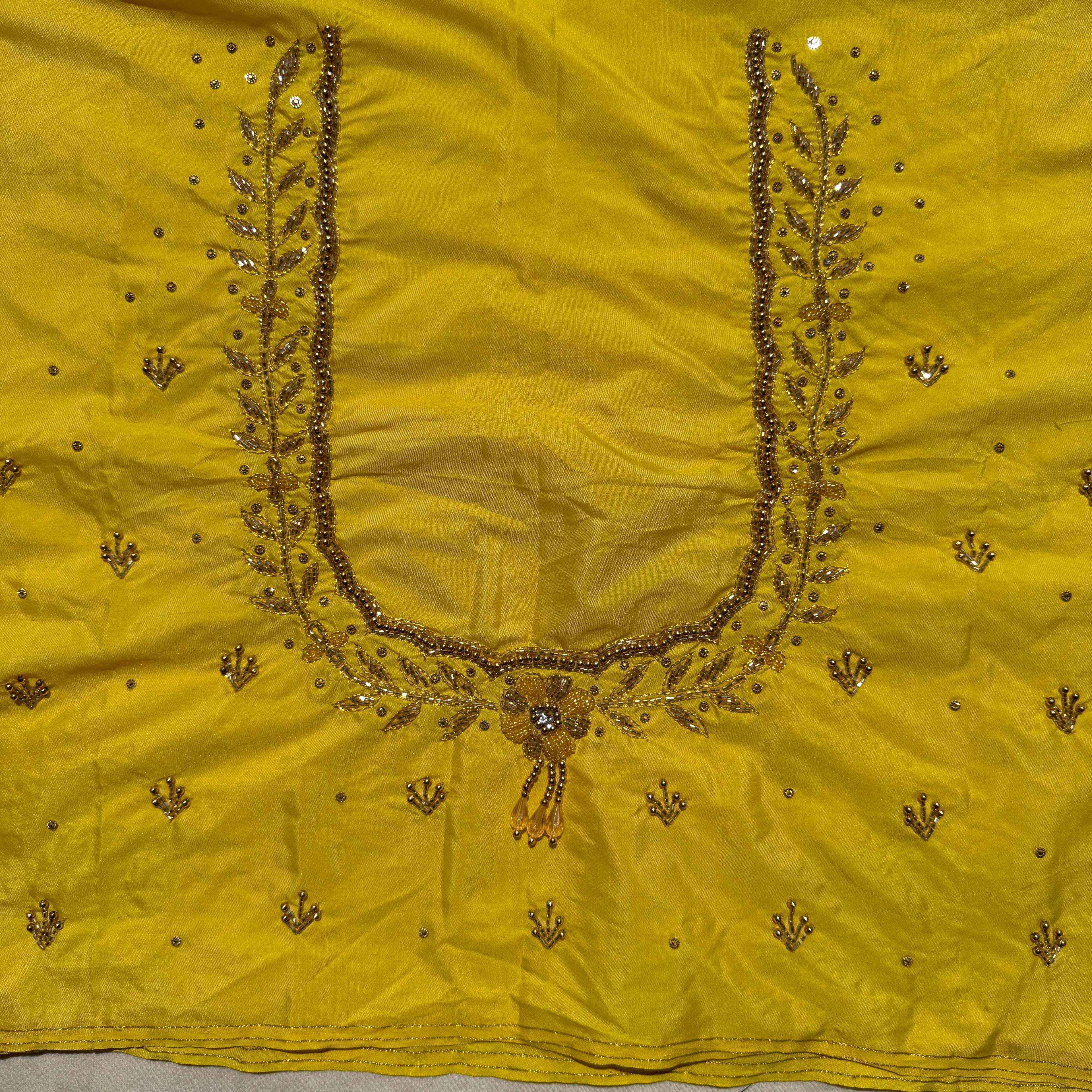 Lemon yellow Aari Work Blouse Fabric in Devi silk 1 metre with Cutdana Hand Embroidery | Designer Blouse Piece for Bridal & Festive Wear