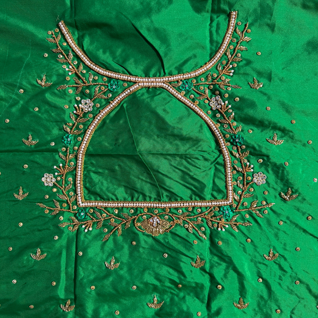 Leaf Green Aari Work Blouse Fabric in Devi silk 1 metre with Cutdana Hand Embroidery | Designer Blouse Piece for Bridal & Festive Wear
