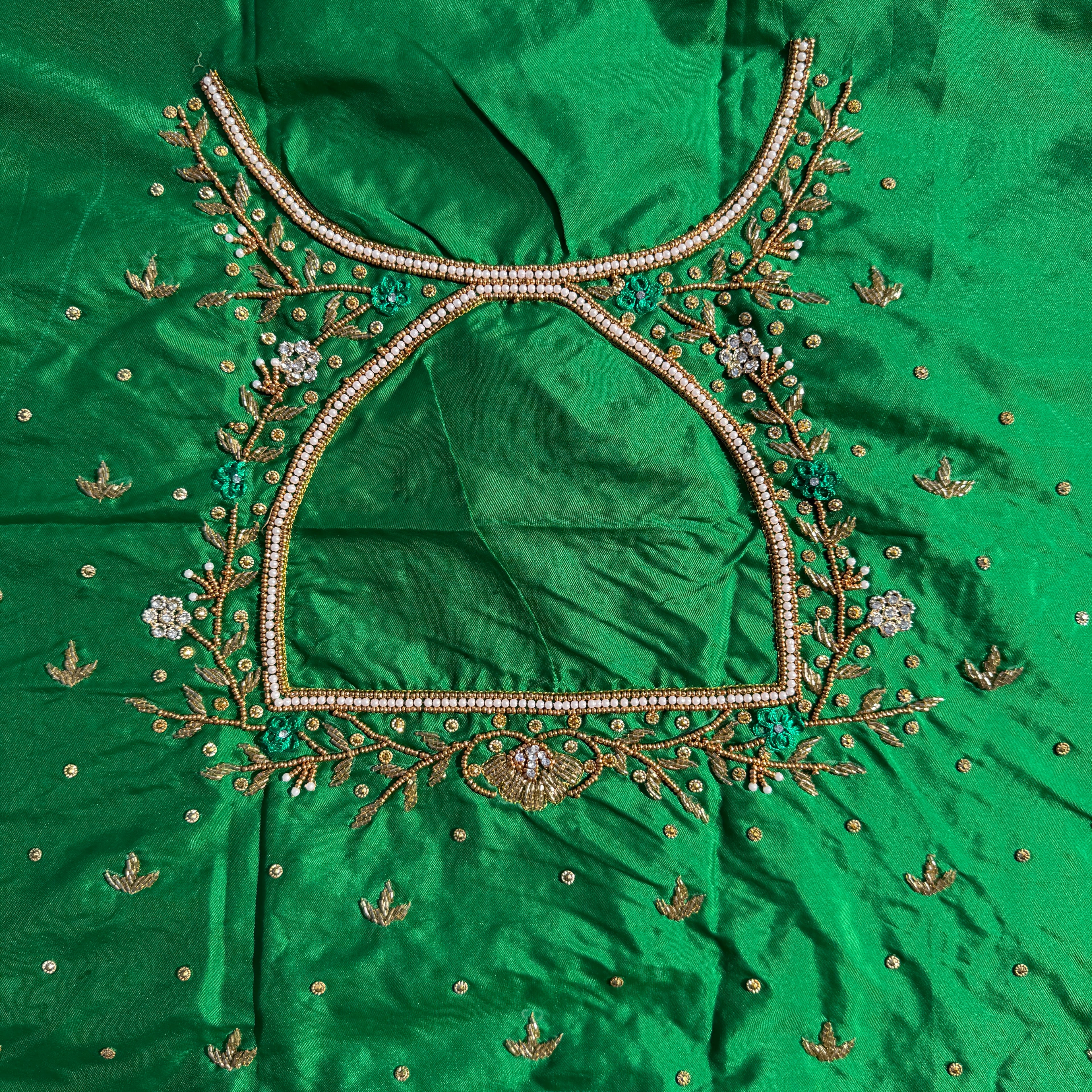 Leaf Green Aari Work Blouse Fabric in Devi silk 1 metre with Cutdana Hand Embroidery | Designer Blouse Piece for Bridal & Festive Wear