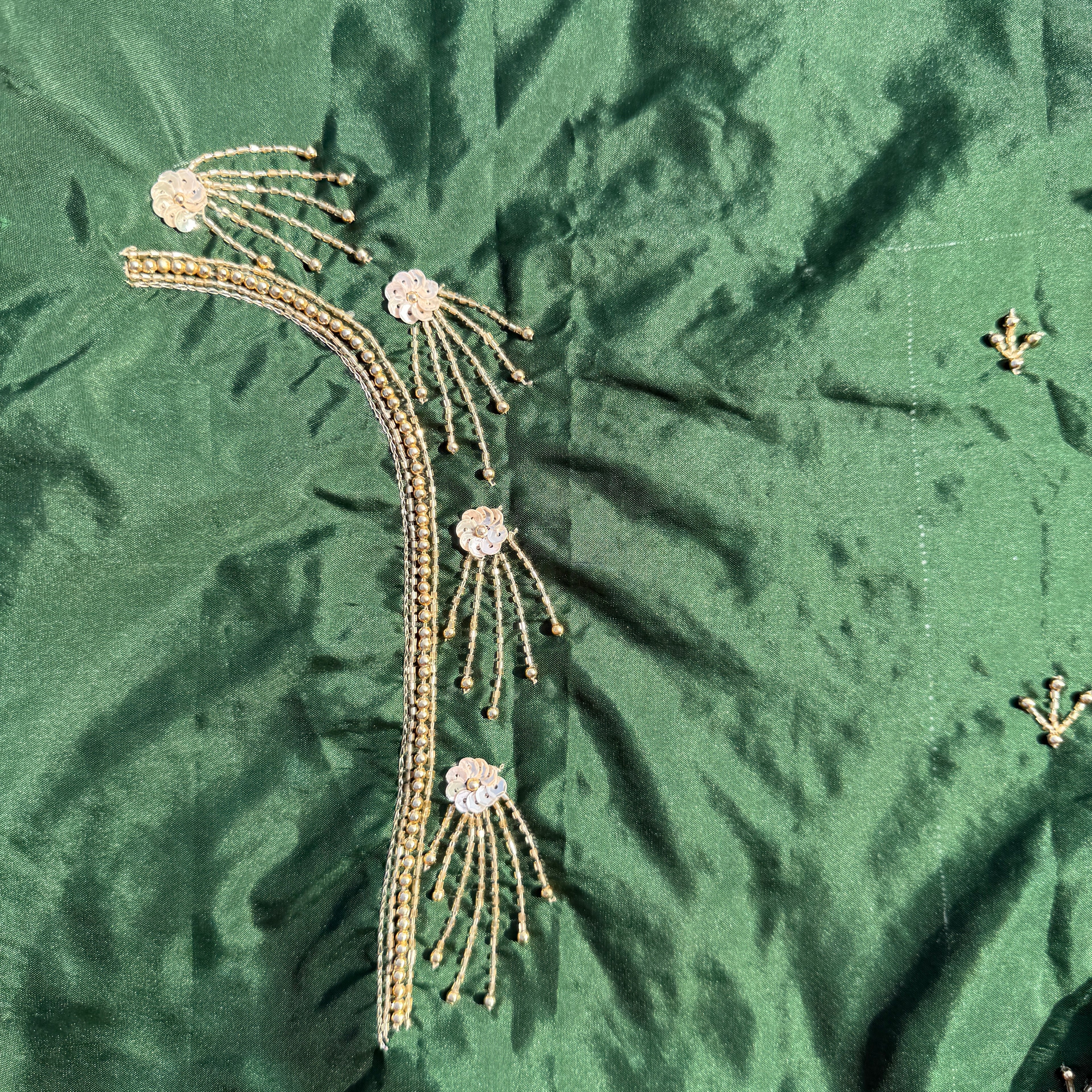 Bottle Green Aari Work Blouse Fabric in Devi silk 1 metre with Cutdana Hand Embroidery | Designer Blouse Piece for Bridal & Festive Wear