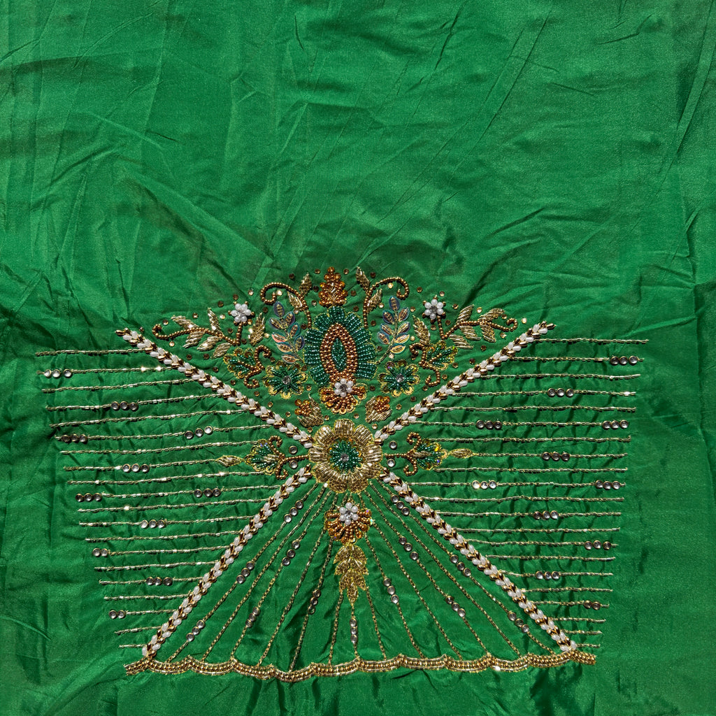 Leaf Green Aari Work Blouse Fabric in Devi silk 1 metre with Cutdana Hand Embroidery | Designer Blouse Piece for Bridal & Festive Wear