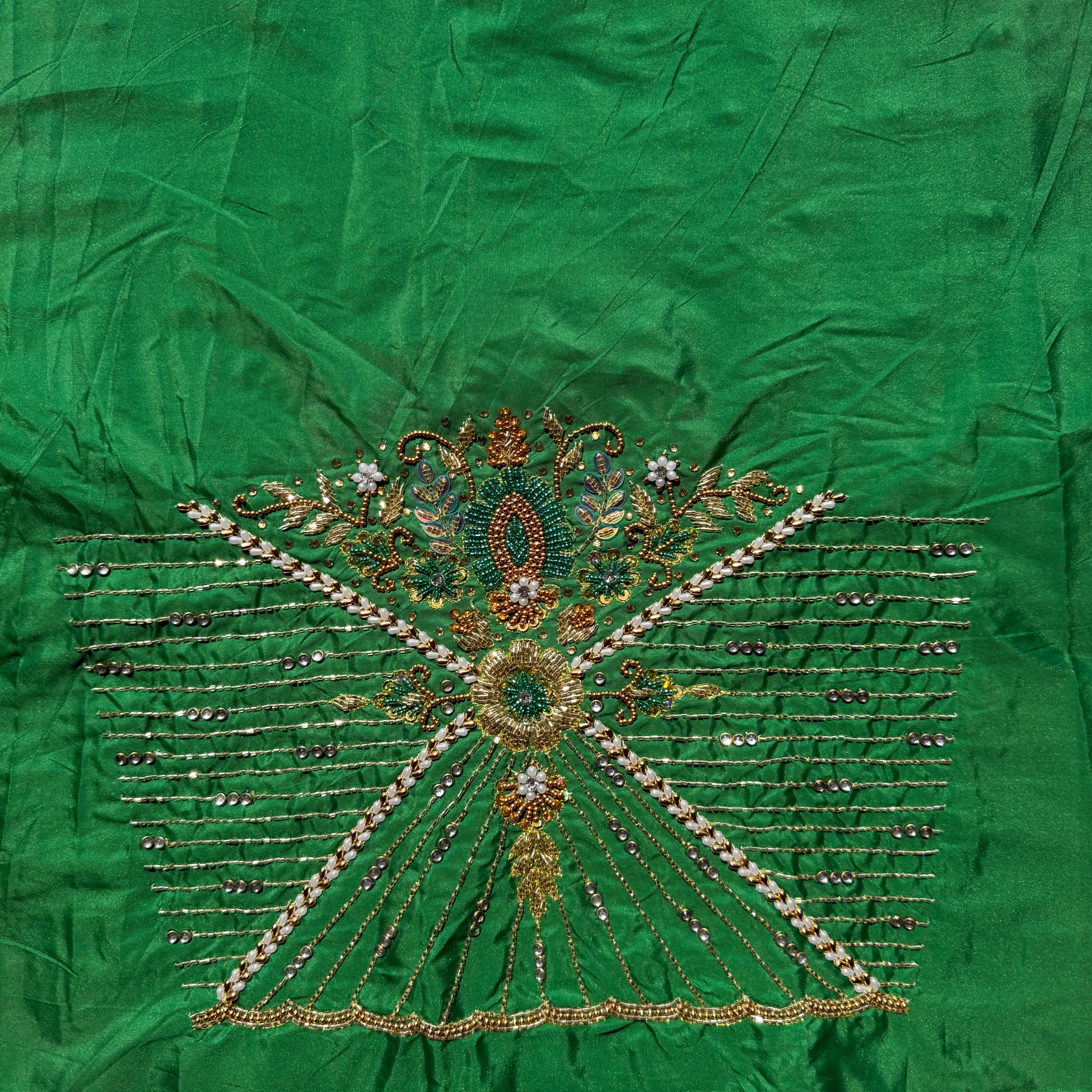 Leaf Green Aari Work Blouse Fabric in Devi silk 1 metre with Cutdana Hand Embroidery | Designer Blouse Piece for Bridal & Festive Wear