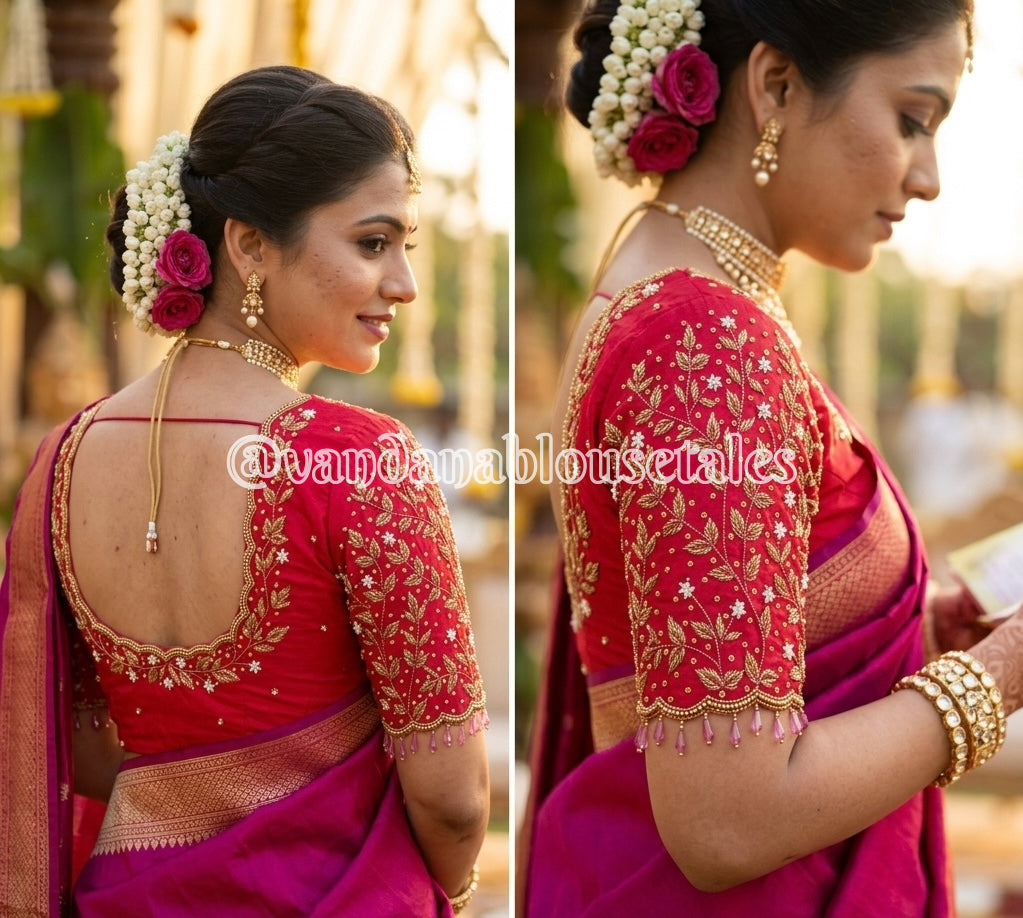 Rani pink Aari Work Blouse Fabric in Devi silk 1 metre with Cutdana Hand Embroidery | Designer Blouse Piece for Bridal & Festive Wear