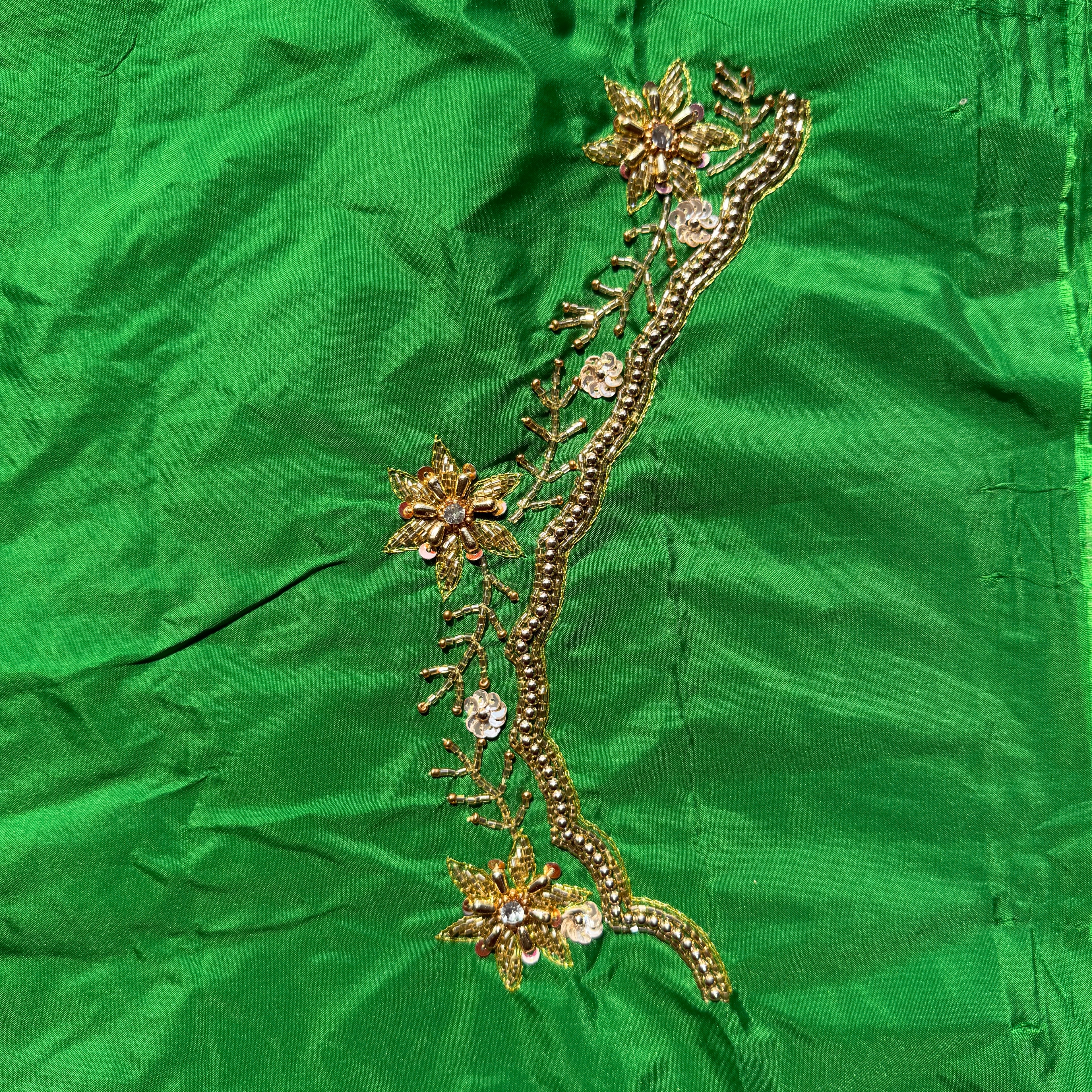Leaf Green Aari Work Blouse Fabric in Devi silk 1 metre with Cutdana Hand Embroidery | Designer Blouse Piece for Bridal & Festive Wear