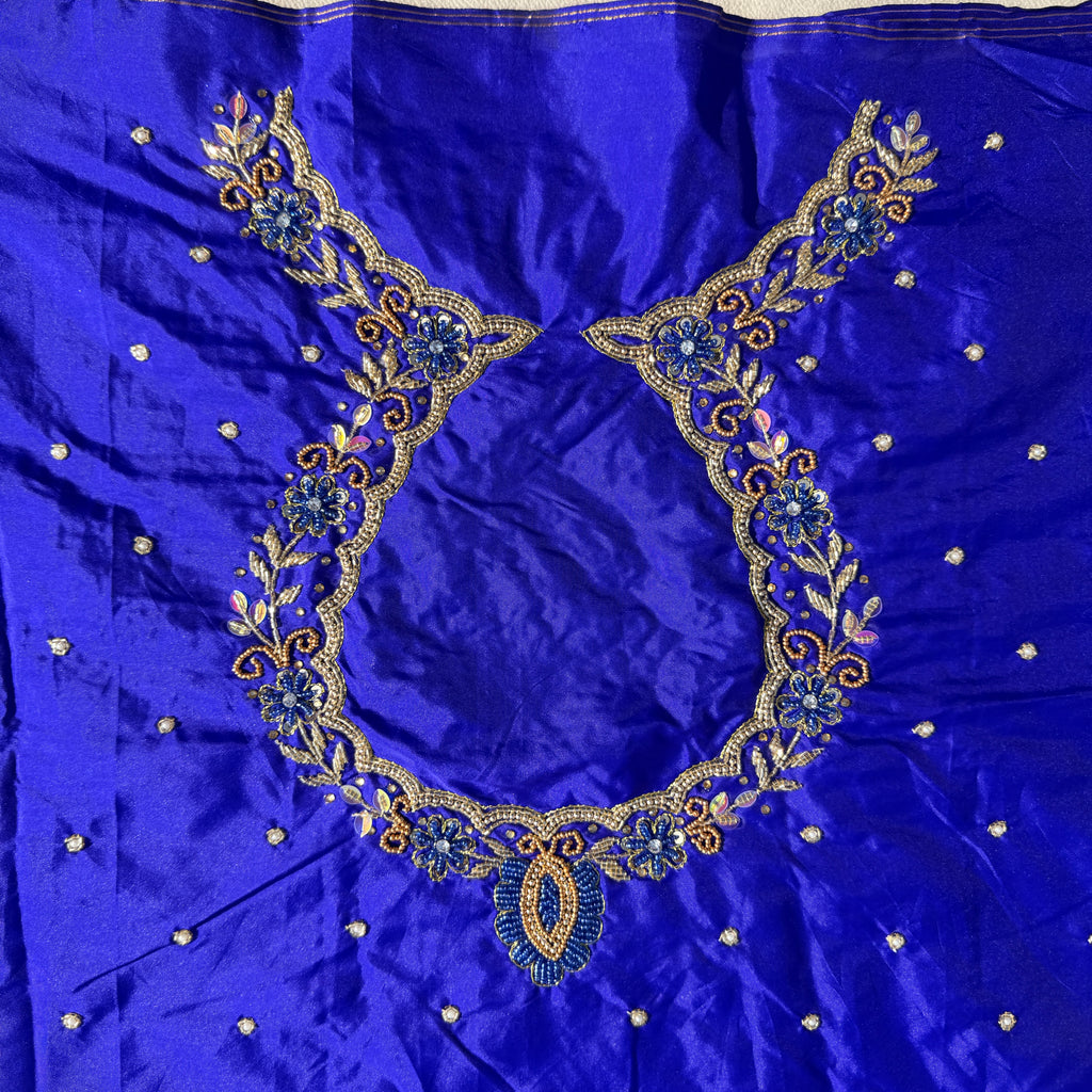 Royal Blue Aari Work Blouse Fabric in Devi silk 1 metre with Cutdana Hand Embroidery | Designer Blouse Piece for Bridal & Festive Wear