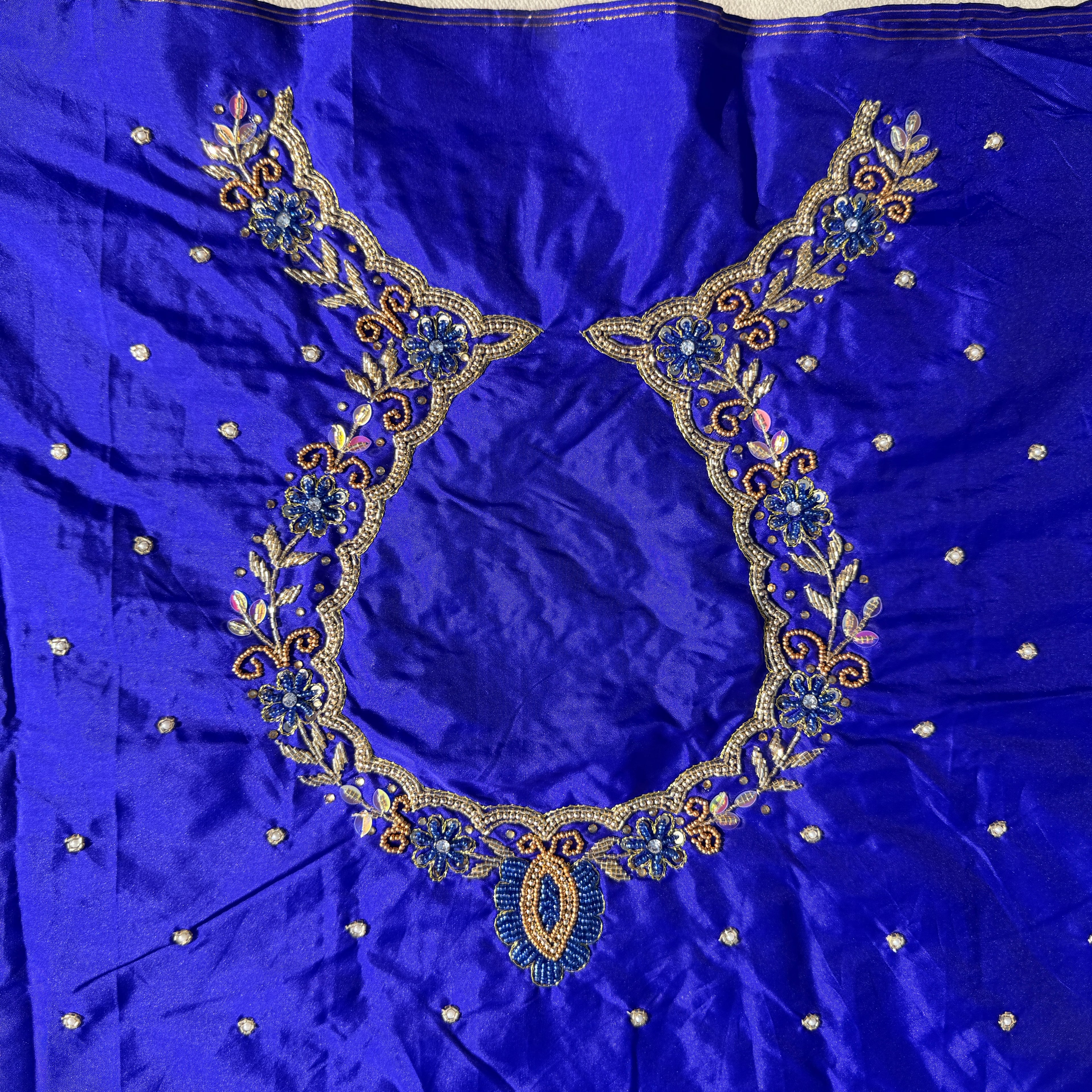 Royal Blue Aari Work Blouse Fabric in Devi silk 1 metre with Cutdana Hand Embroidery | Designer Blouse Piece for Bridal & Festive Wear