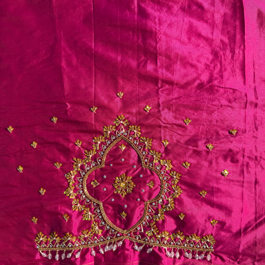 Rani pink Aari Work Blouse Fabric in Devi silk 1 metre with Cutdana Hand Embroidery | Designer Blouse Piece for Bridal & Festive Wear