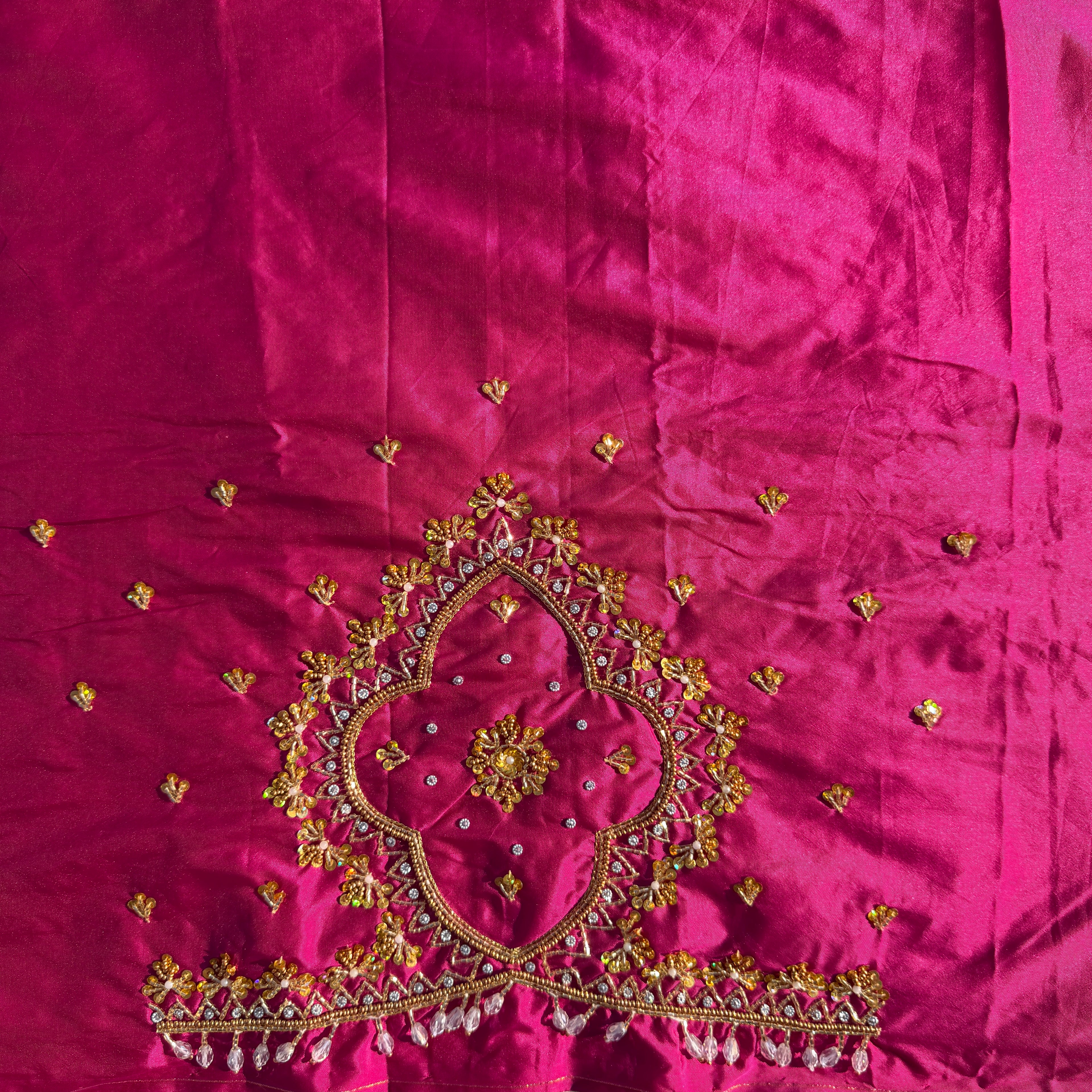 Rani pink Aari Work Blouse Fabric in Devi silk 1 metre with Cutdana Hand Embroidery | Designer Blouse Piece for Bridal & Festive Wear