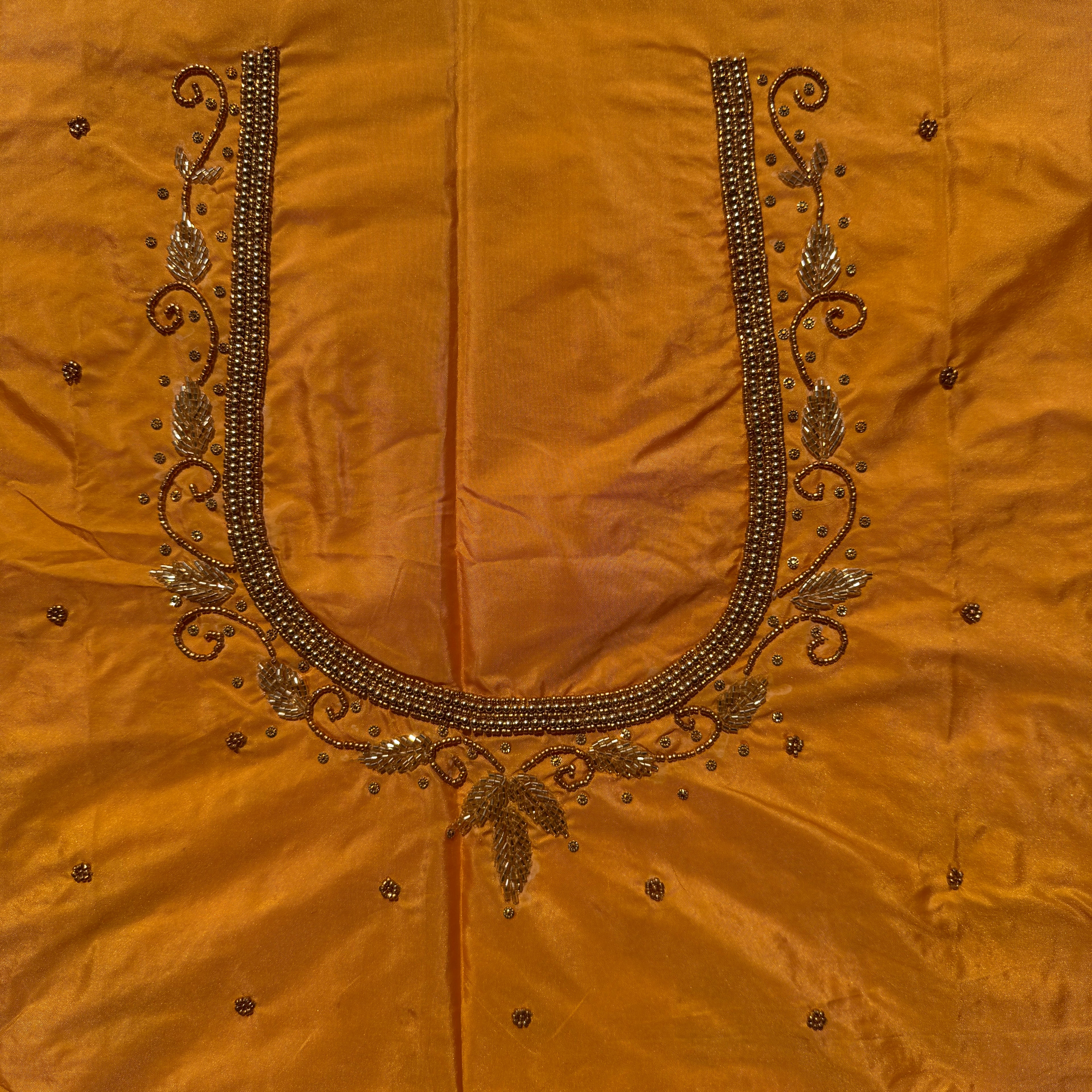 Yellow Aari Work Blouse Fabric in Devi silk 1 metre with Cutdana Hand Embroidery | Designer Blouse Piece for Bridal & Festive Wear
